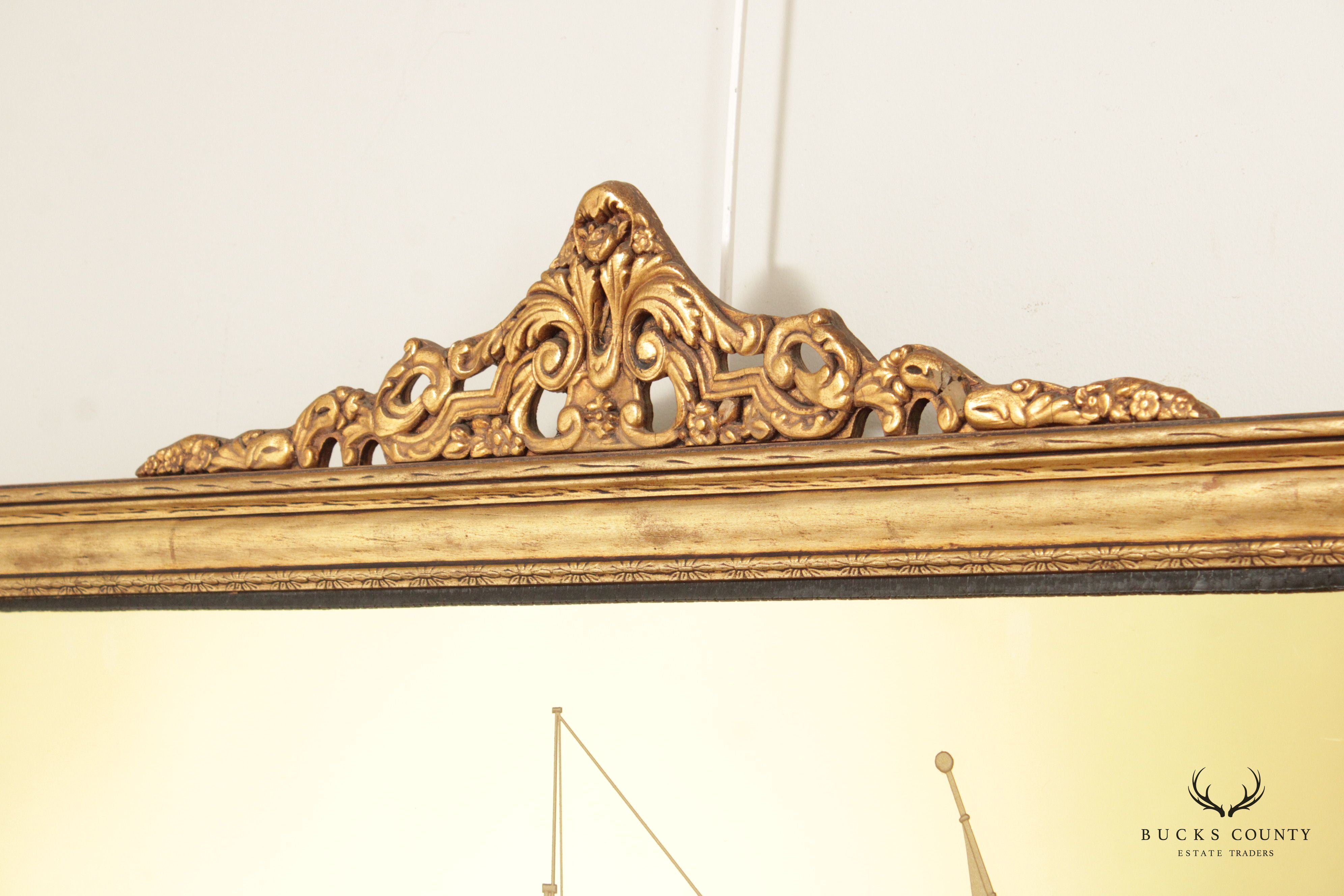 Vintage Gilt Frame Etched Masted Ship Wall Mirror