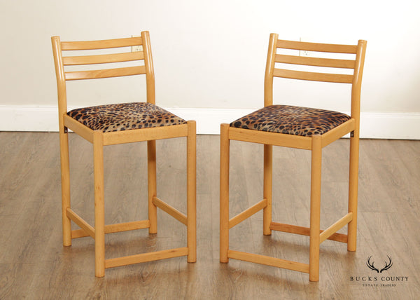 Italian Modern Pair Cheetah Print Upholstered Low Counter Height Bar Stools
