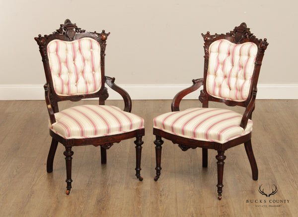 Antique Victorian Renaissance Carved Walnut Pair Of Armchairs