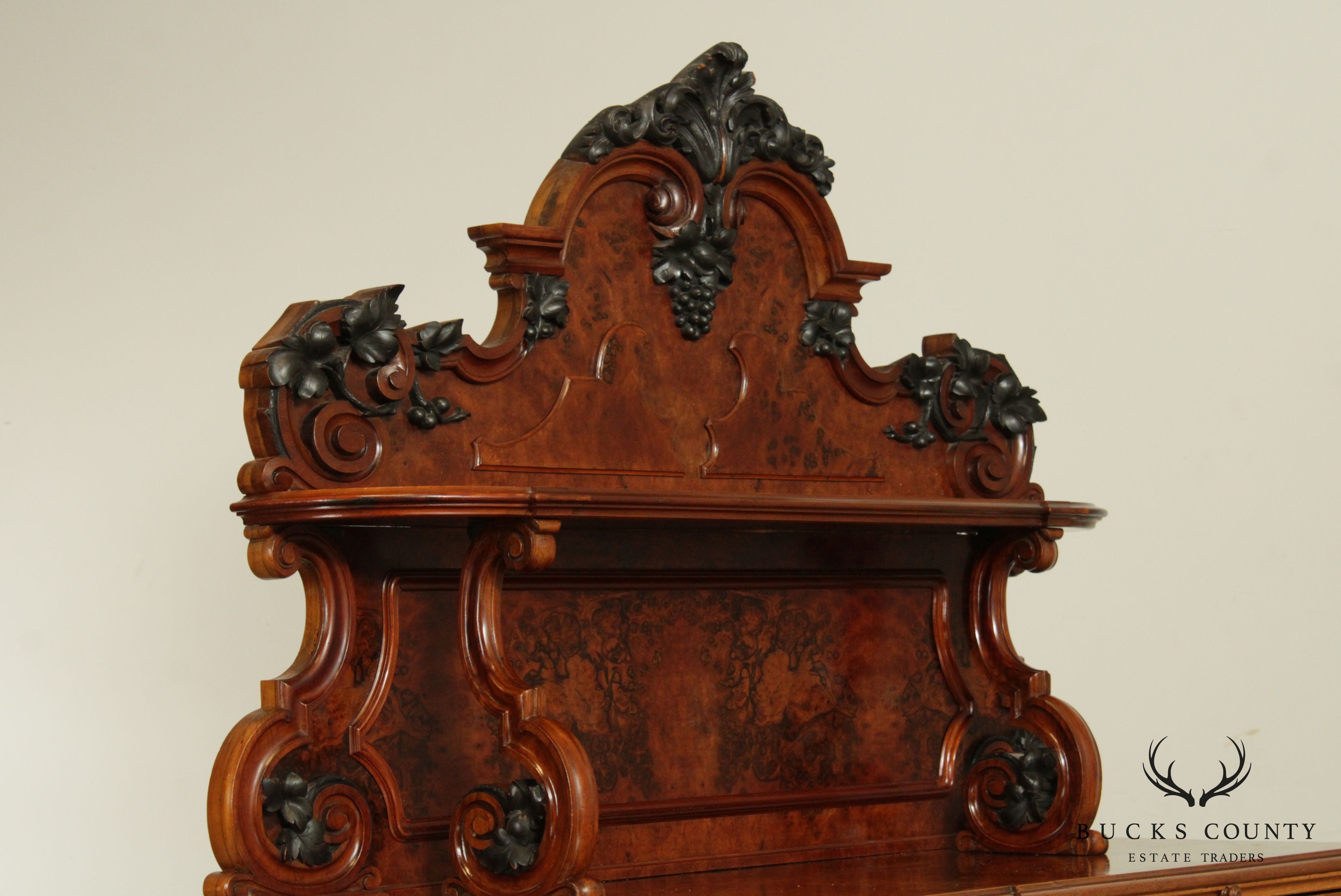 Renaissance Revival Antique Burlwood Grape Carved Sideboard