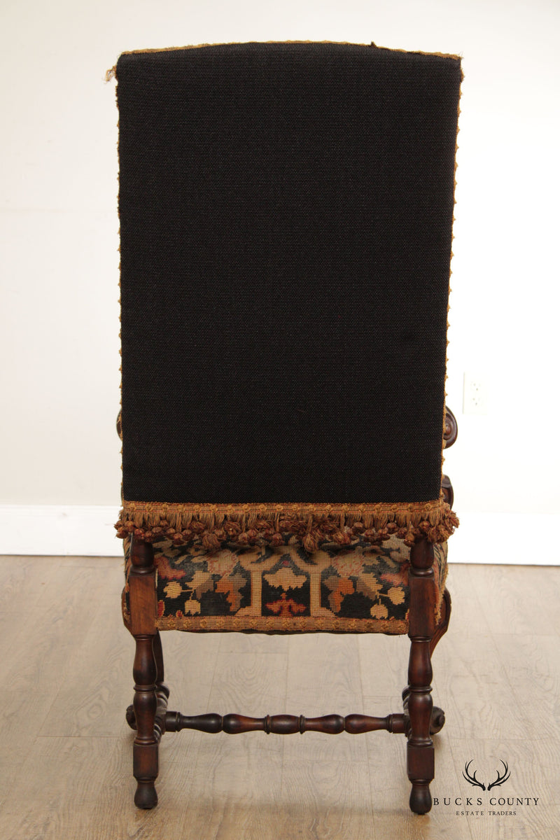 Antique 19th C. French Renaissance Baroque Carved Needlepoint Throne Armchair