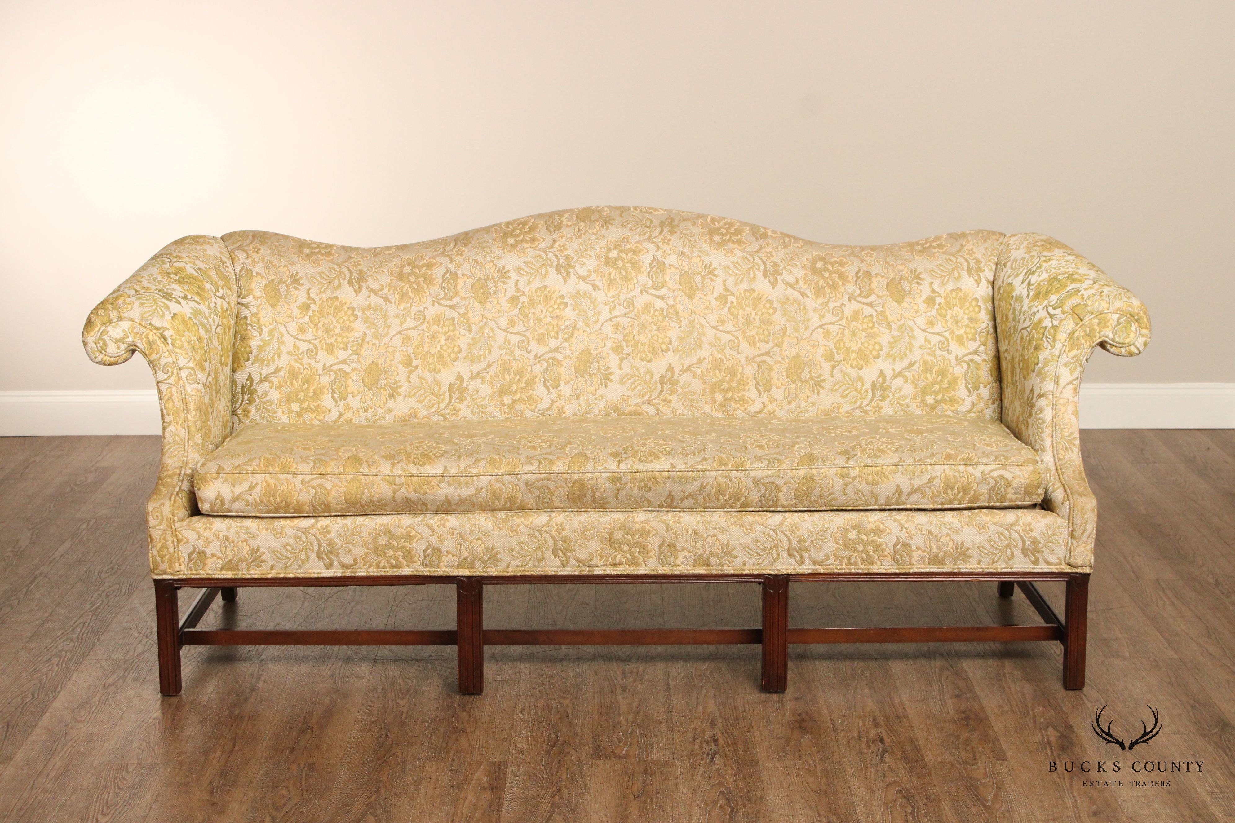 Chippendale Style Mahogany Rolled Arm Camelback Sofa