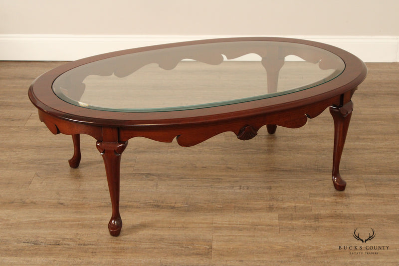 Queen Anne Style Carved Cherry Oval Glass Top Coffee Table