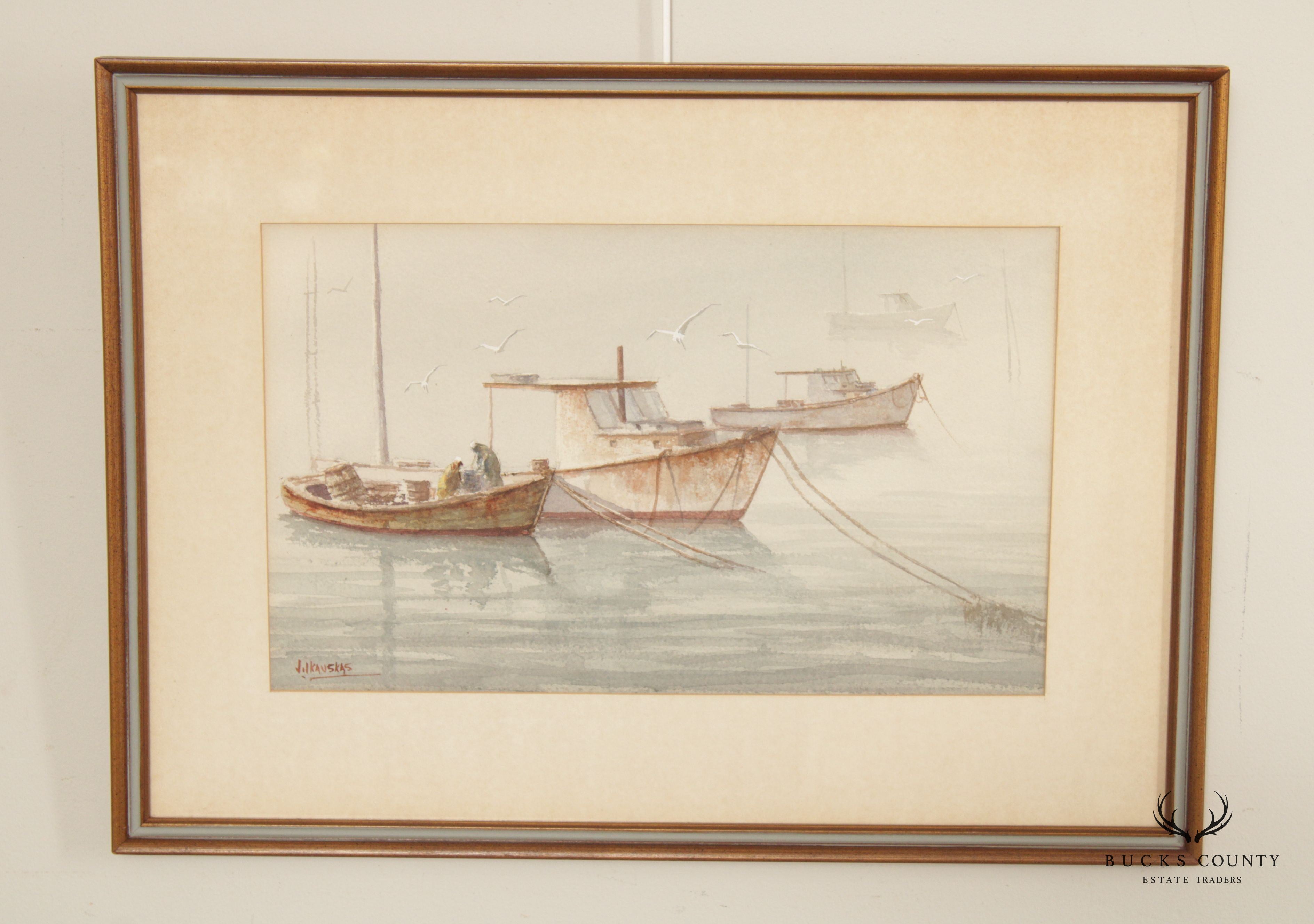 20th Century Fishing Boats at Anchor Watercolor Painting, Signed Rolandas Vilkauskas