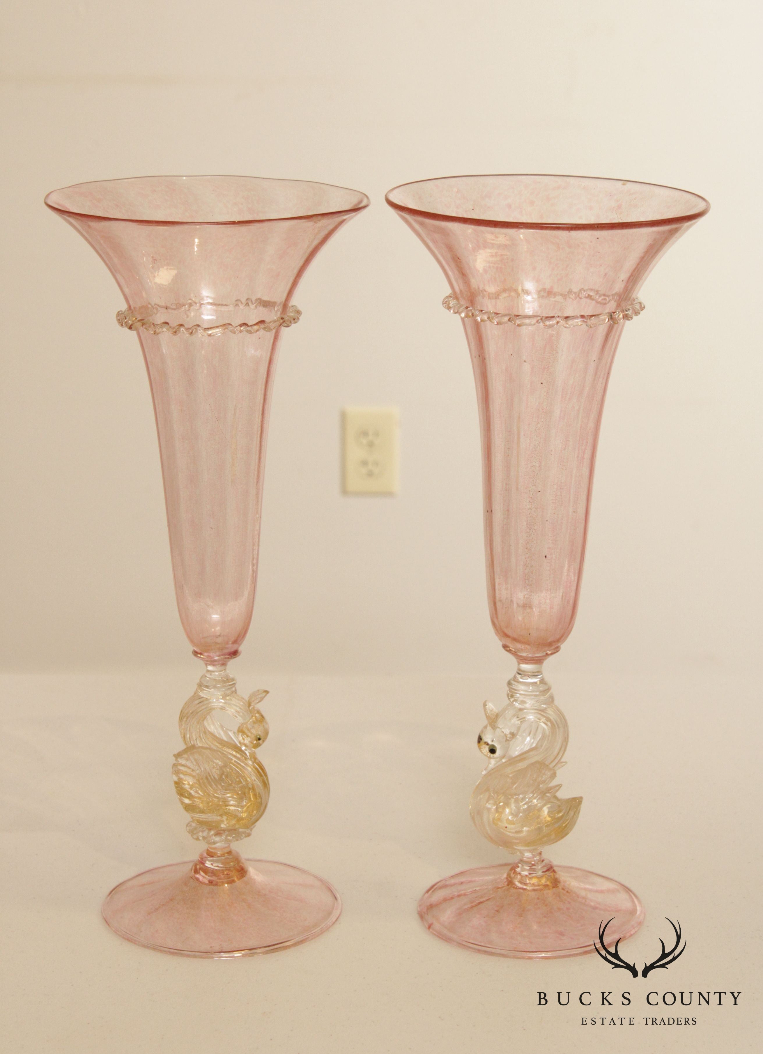 Antique Pair Hand Blown Venetian Salviati Glass Trompet Vases with Swans