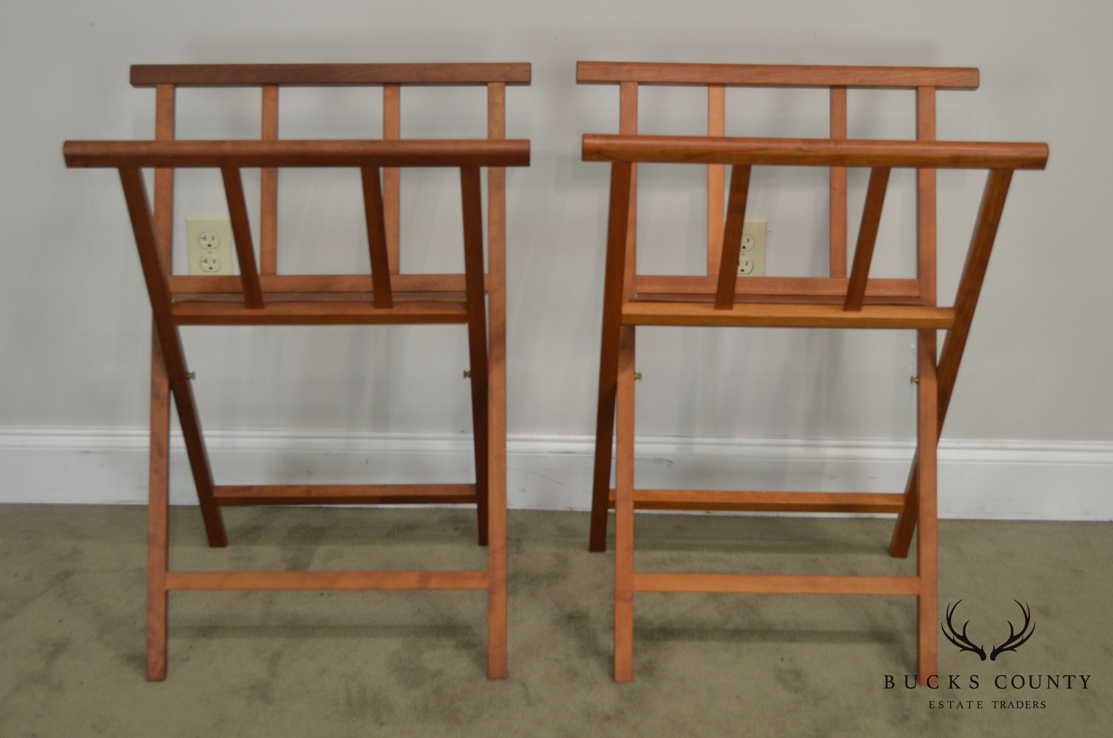 Danish Modern Style Pair Teak & Leather Folding Stands