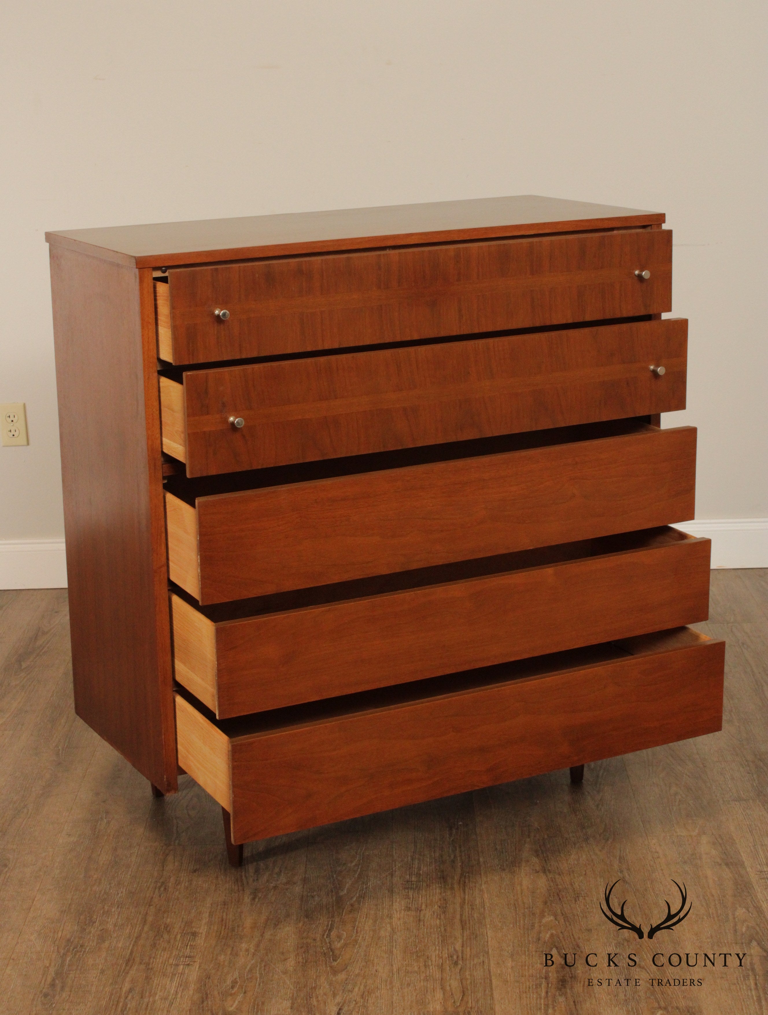 Mid Century Modern Vintage Walnut 5 Drawer Tall Chest