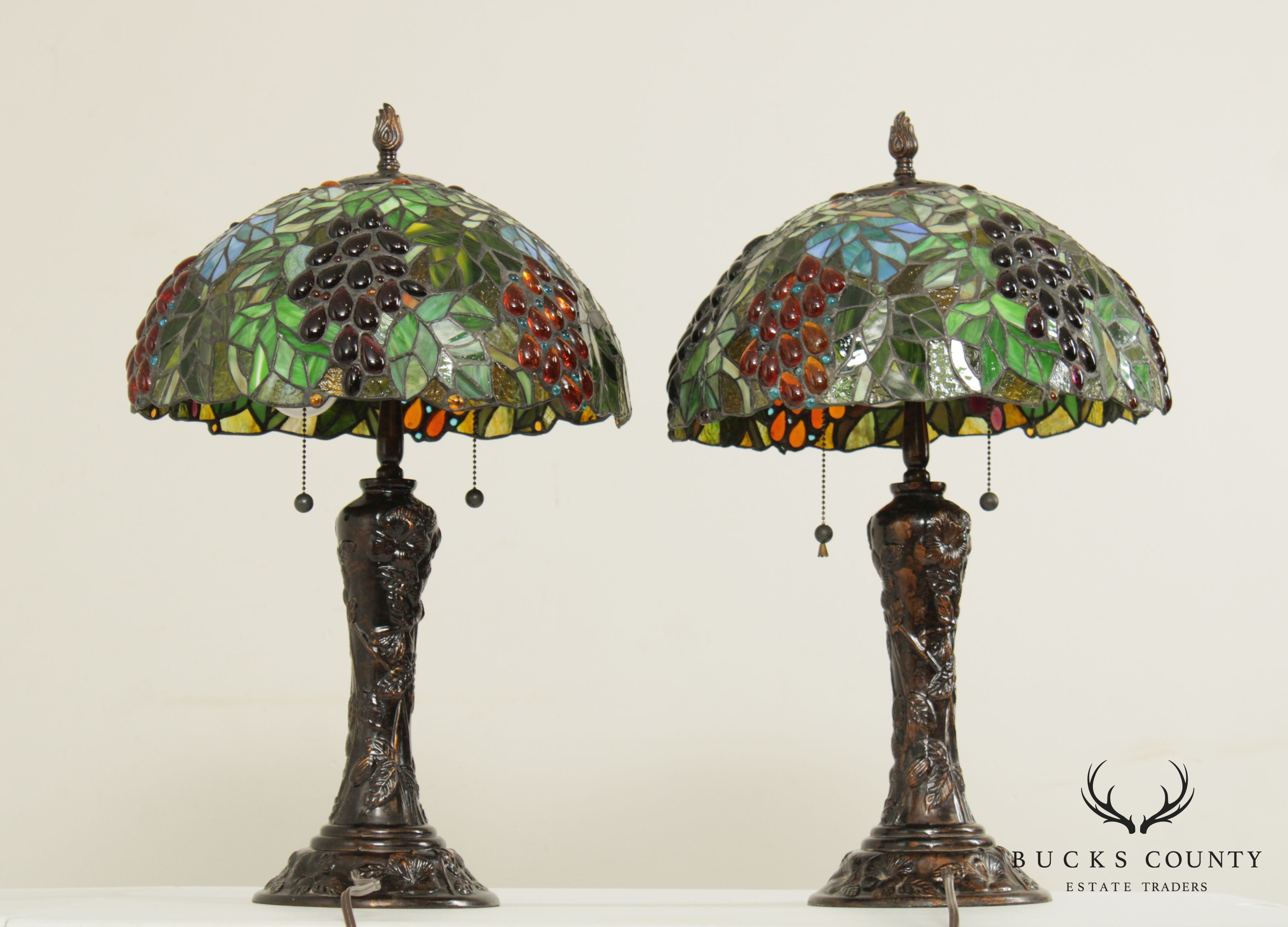 Art Nouveau Style Foliage Table Lamps with Art Glass Shades