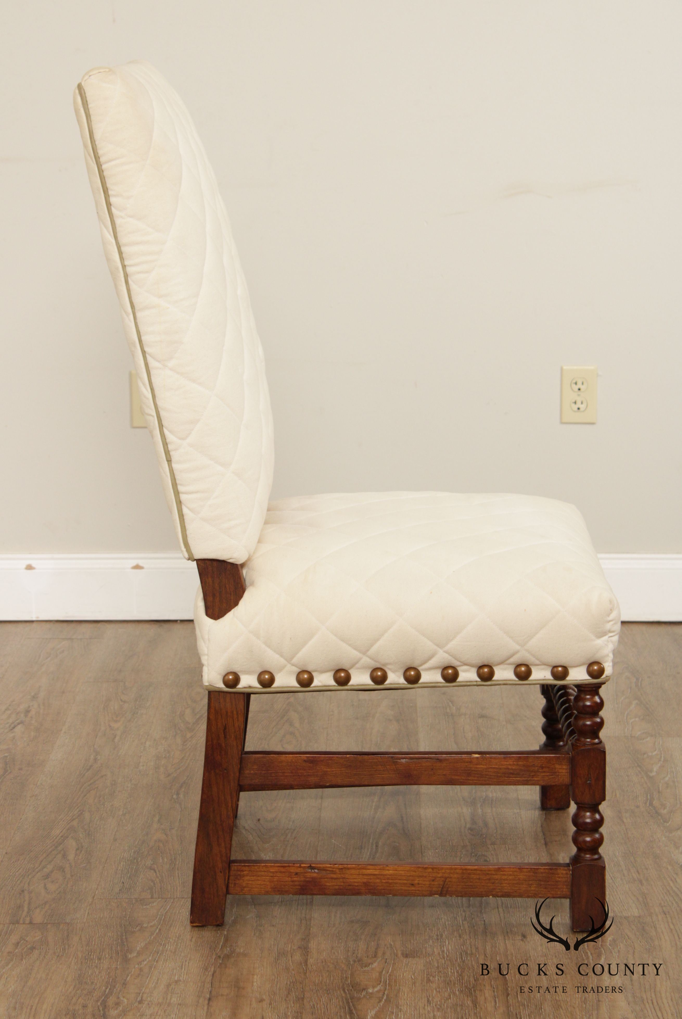 Jacobean Style Pair Spool Turned Upholstered Side Chairs