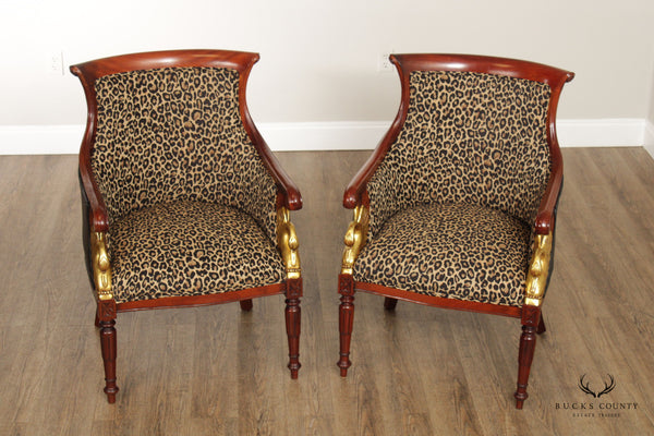French Directoire Empire Style Pair of Mahogany Carved Swan Armchairs