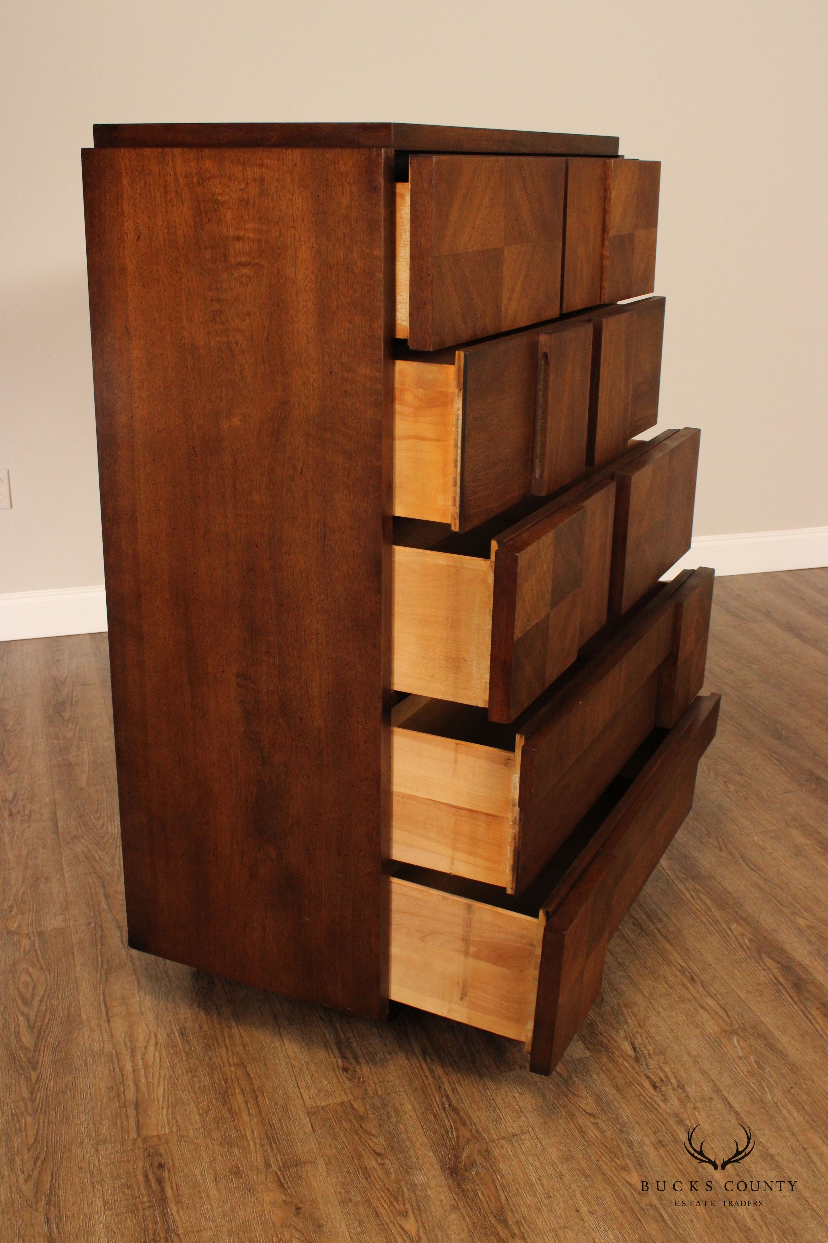 Lane Mid Century Brutalist Walnut Tall Chest of Drawers