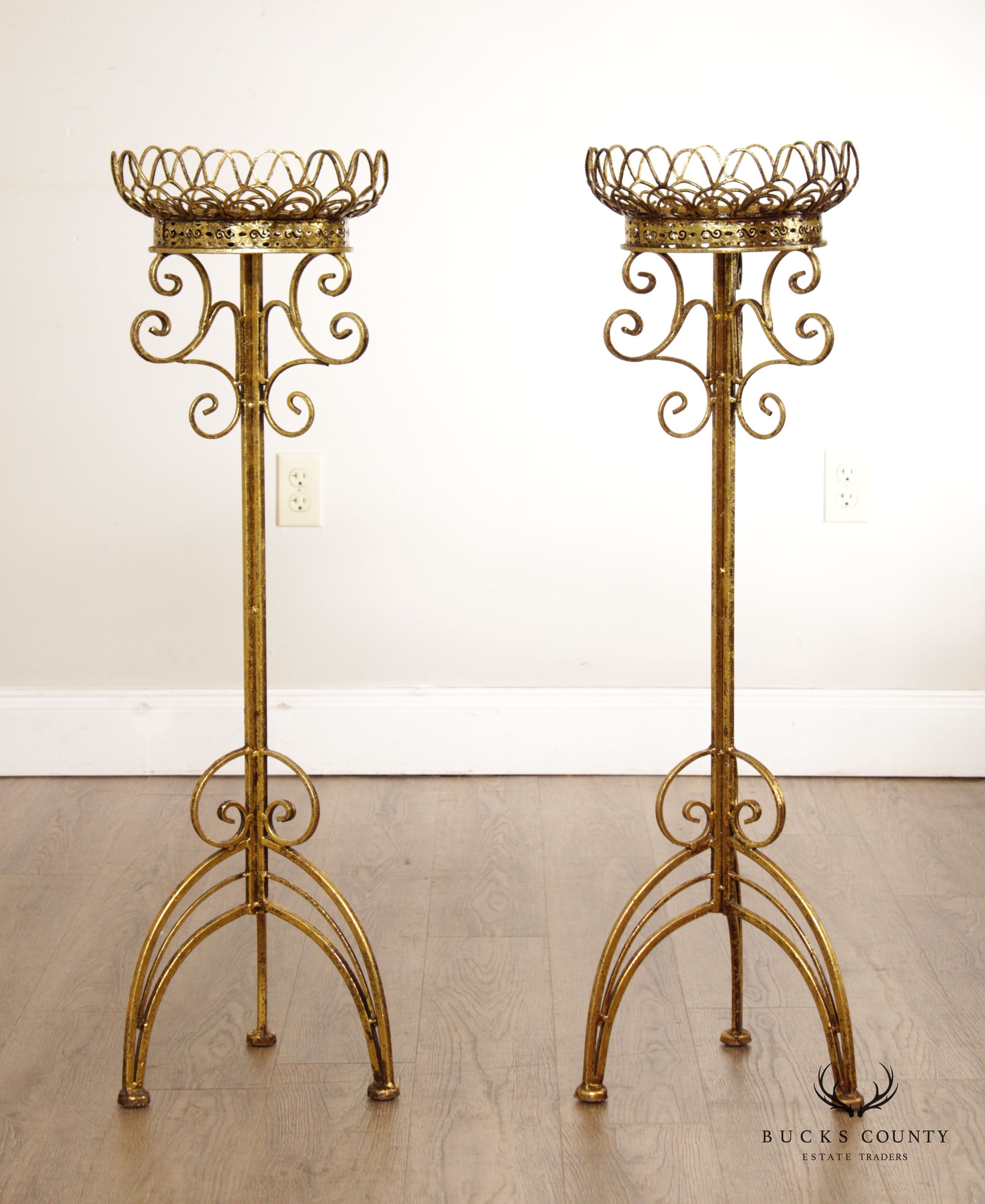 Hollywood Regency Pair Gilt Metal Scroll Candle Stands