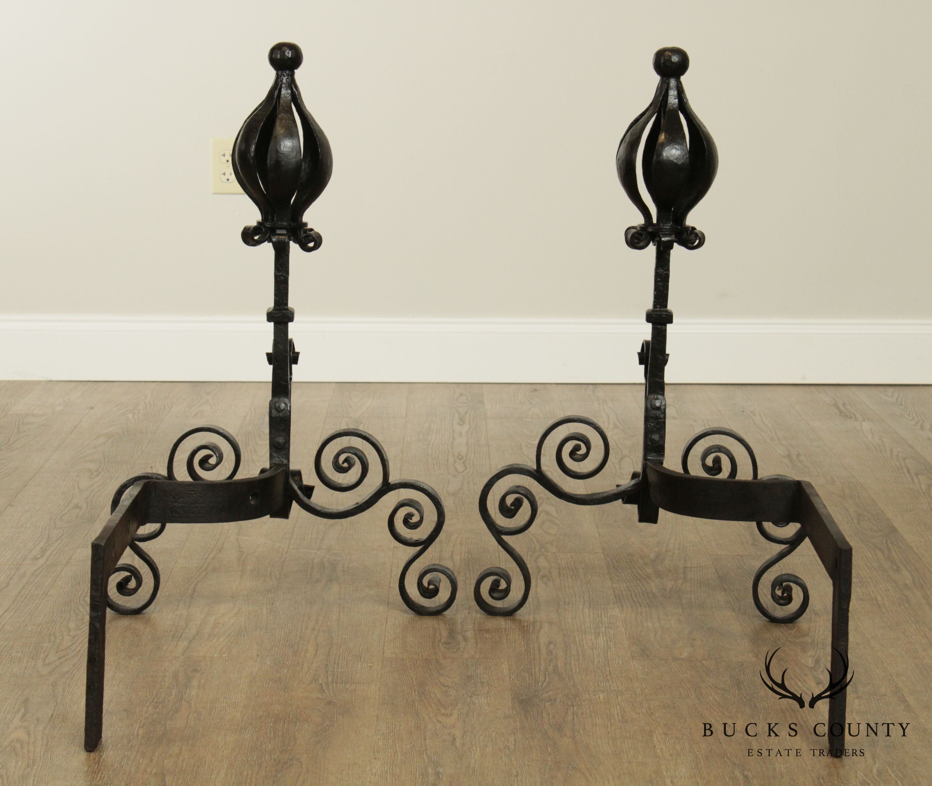 Quality Hand Forged Pair Arts and Crafts Style Andirons