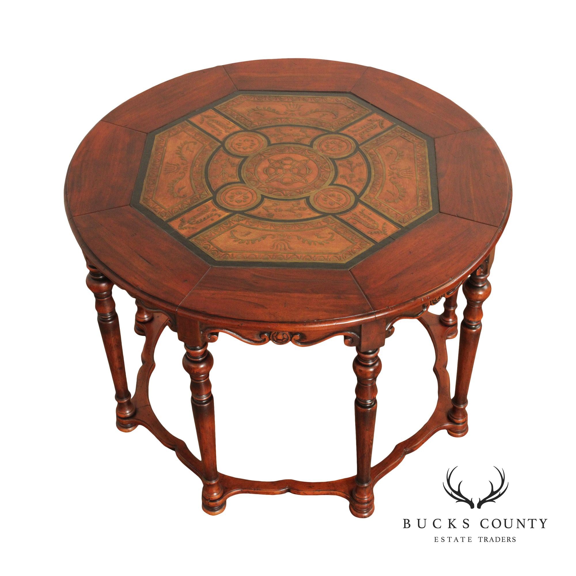 English Style Tooled Leather Round Mahogany Center Table