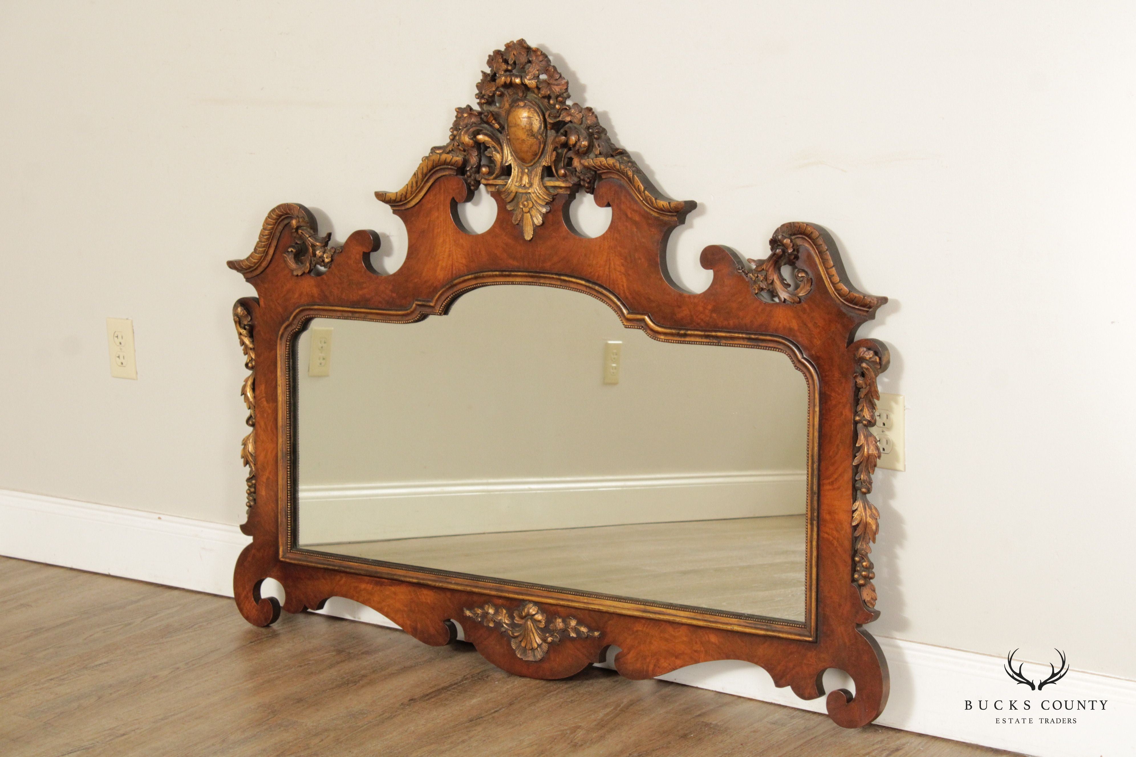 Antique Baroque Style Carved Mahogany Parcel Gilt Wall Mirror