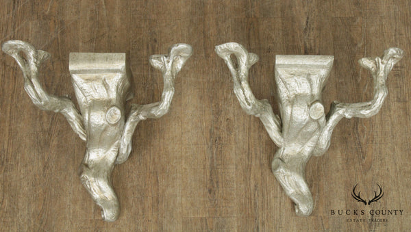 Faux Bois Fine Quality Vintage Silver Gilt Wood Pair Wall Brackets