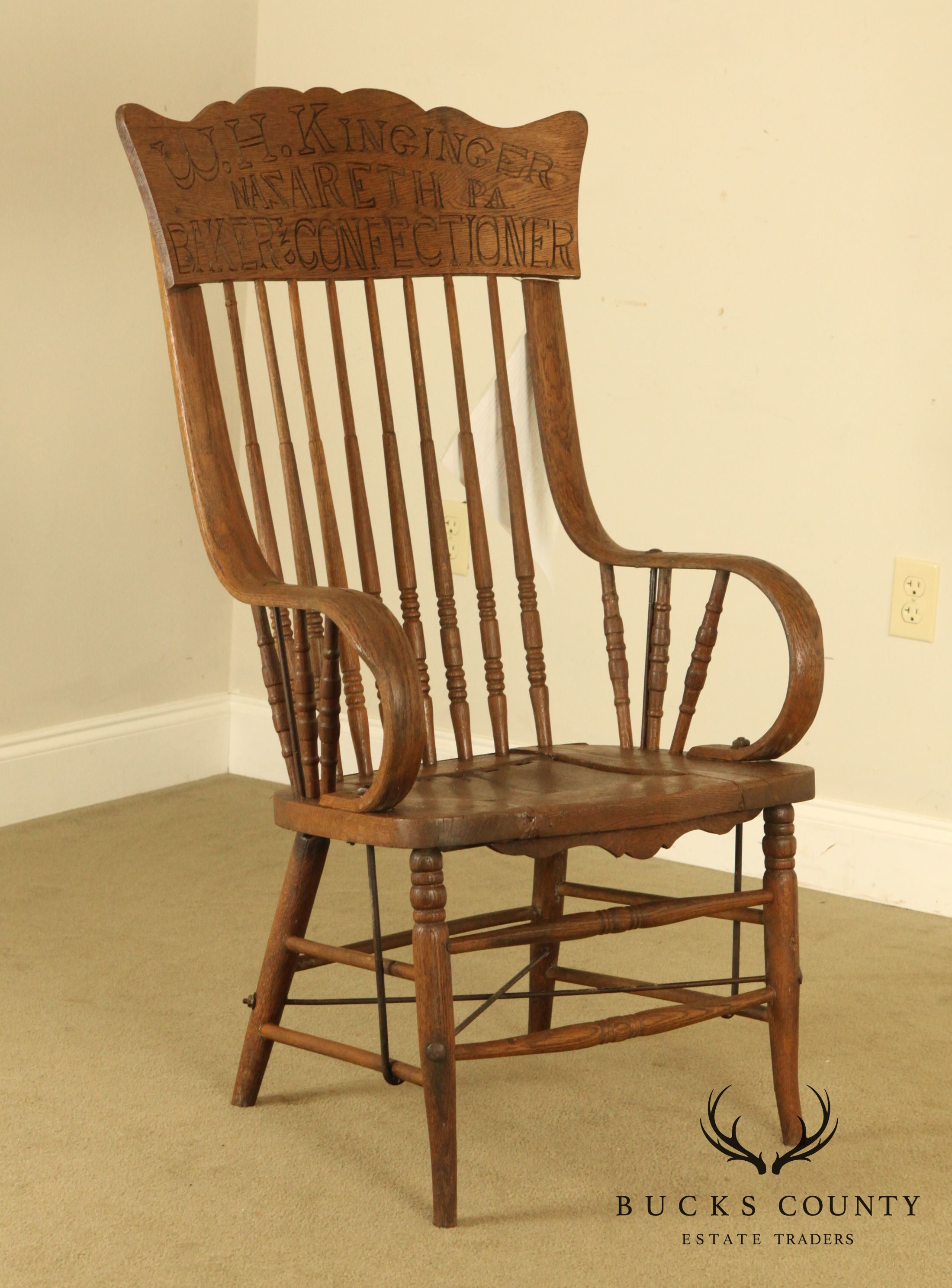 W. H. Kinginger Nazareth P. A, Baker and Confectioner Engraved Antique Oak Armchair