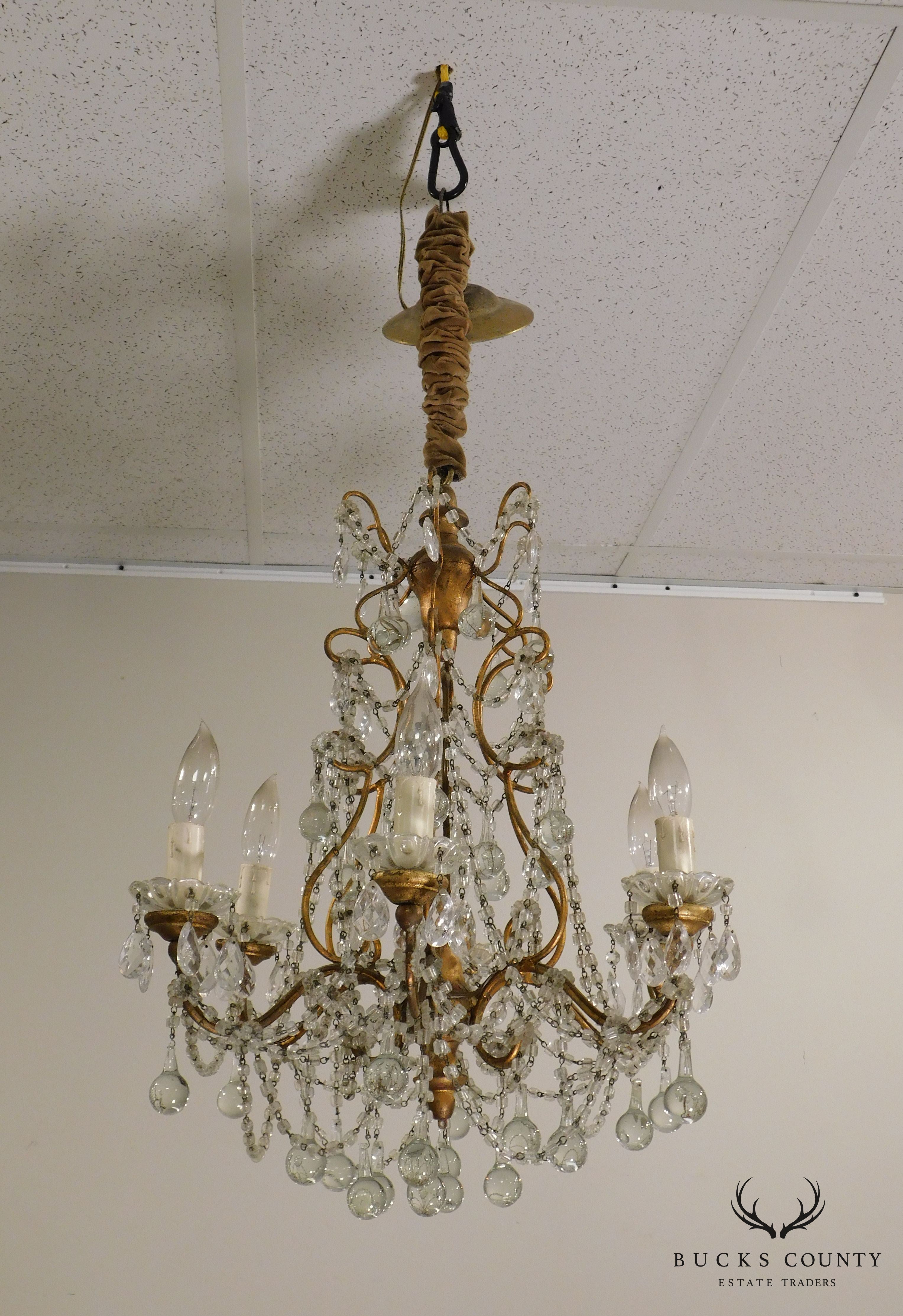 Vintage Italian Gilt Metal Chandelier with Teardrop Prisms