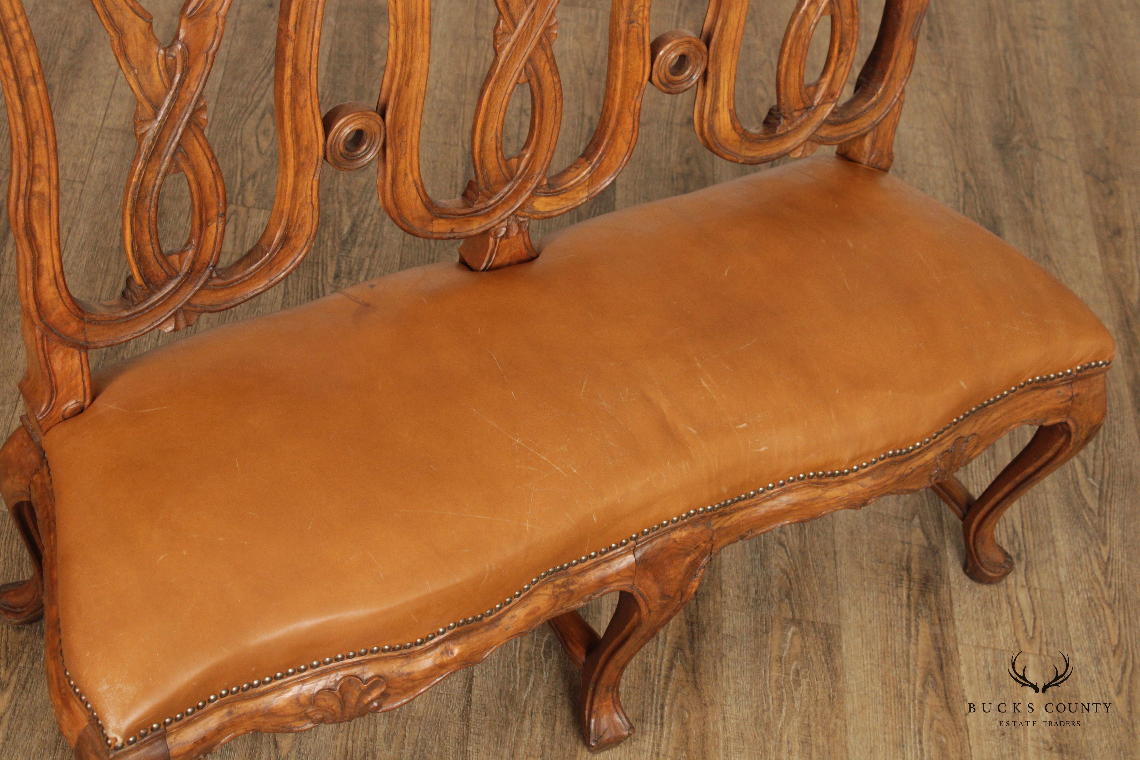 Italian Provincial Style Carved Walnut and Leather Hall Bench Settee