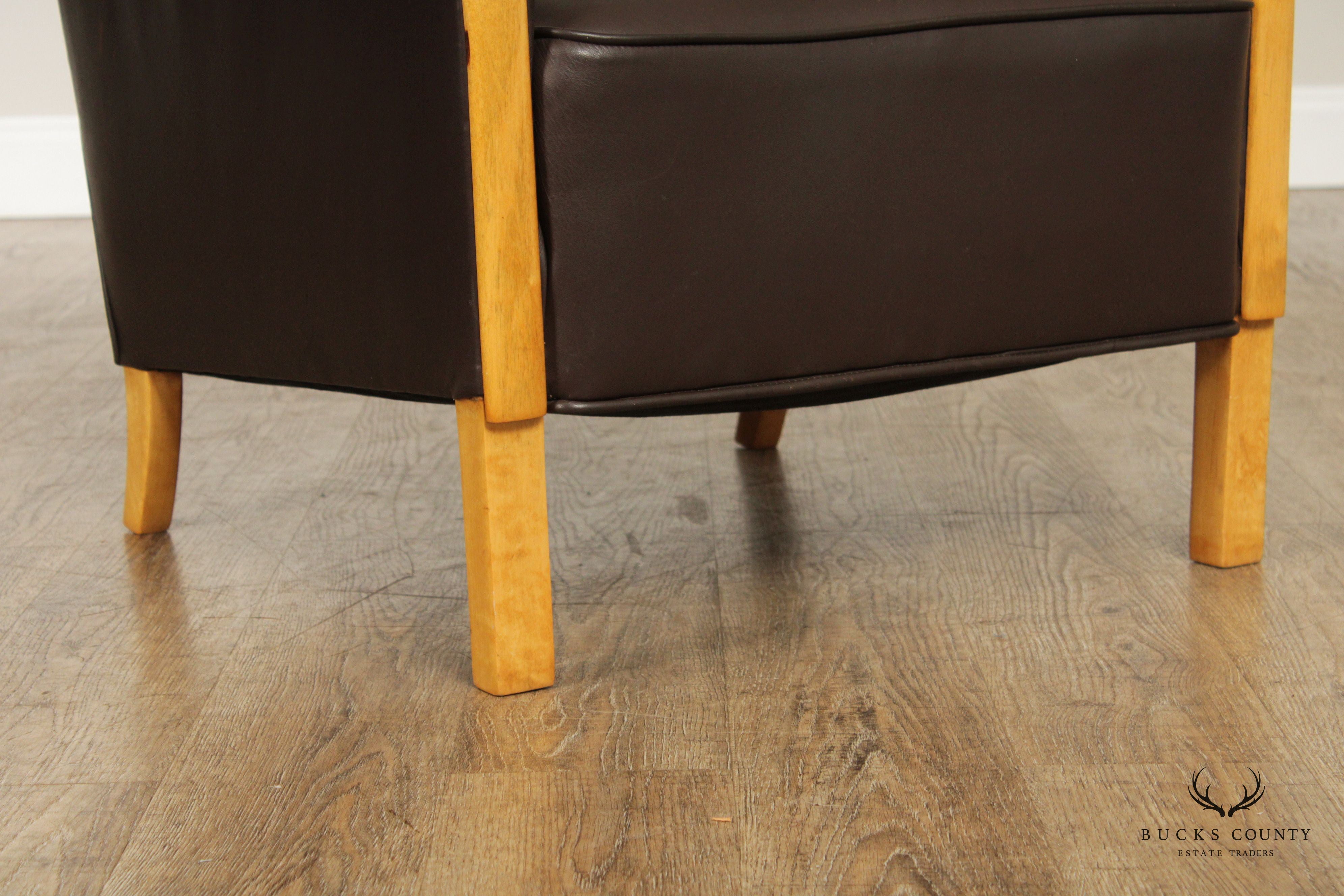 Art Deco Style Pair of Leather and Maple Club Chairs