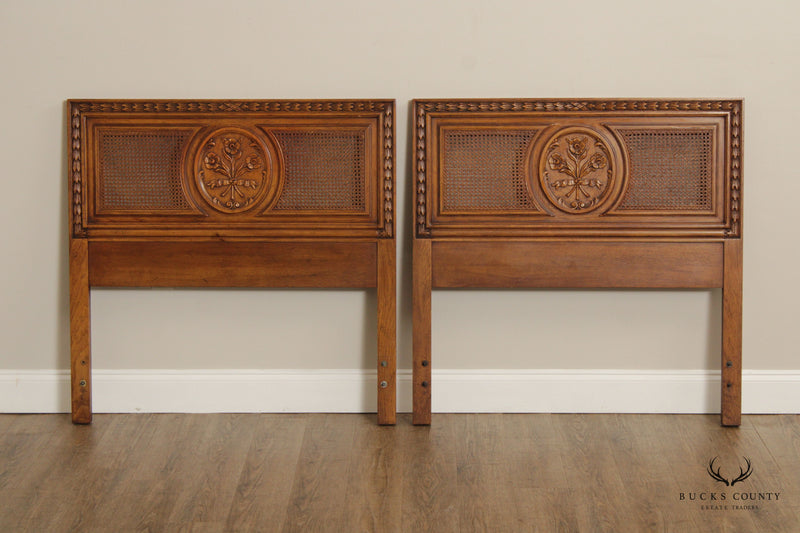 Henredon Pair of French Carved Walnut and Cane Twin Headboards