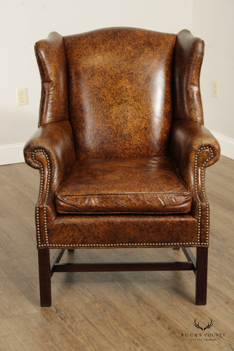 Chippendale Style Vintage Pair Leather Wing Chairs and Ottomans