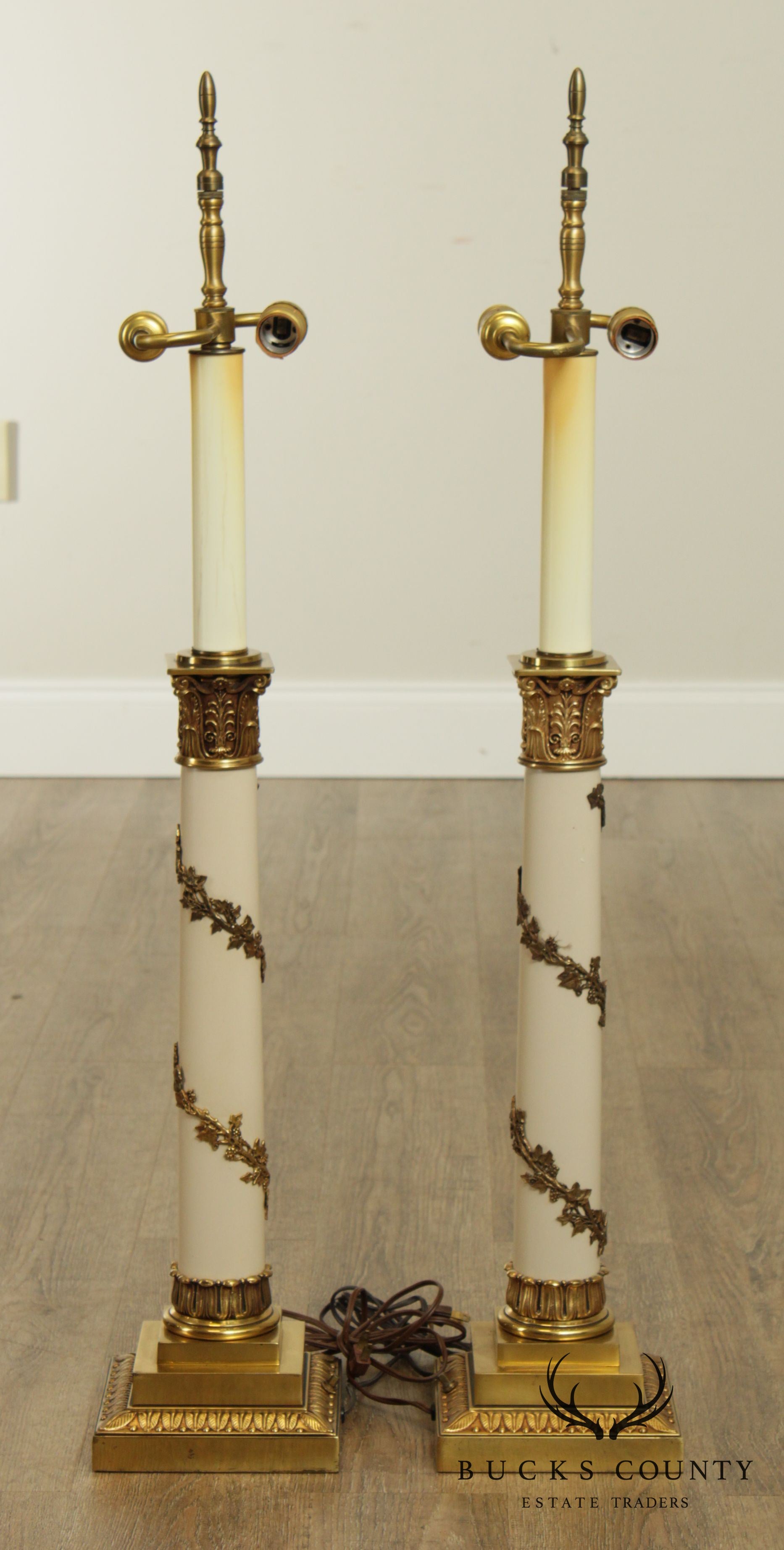 Stiffel Neo-Classical Style Pair Ivory Lacquered And Brass Column Table Lamps