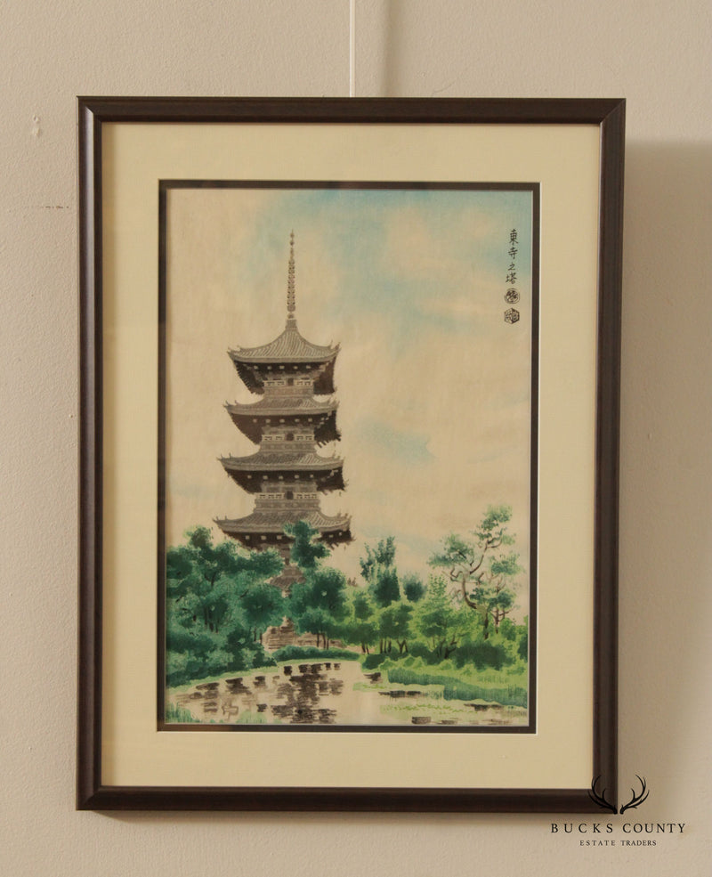 Vintage Japanese The Pagoda of Toji Temple in Kyoto Woodblock Print