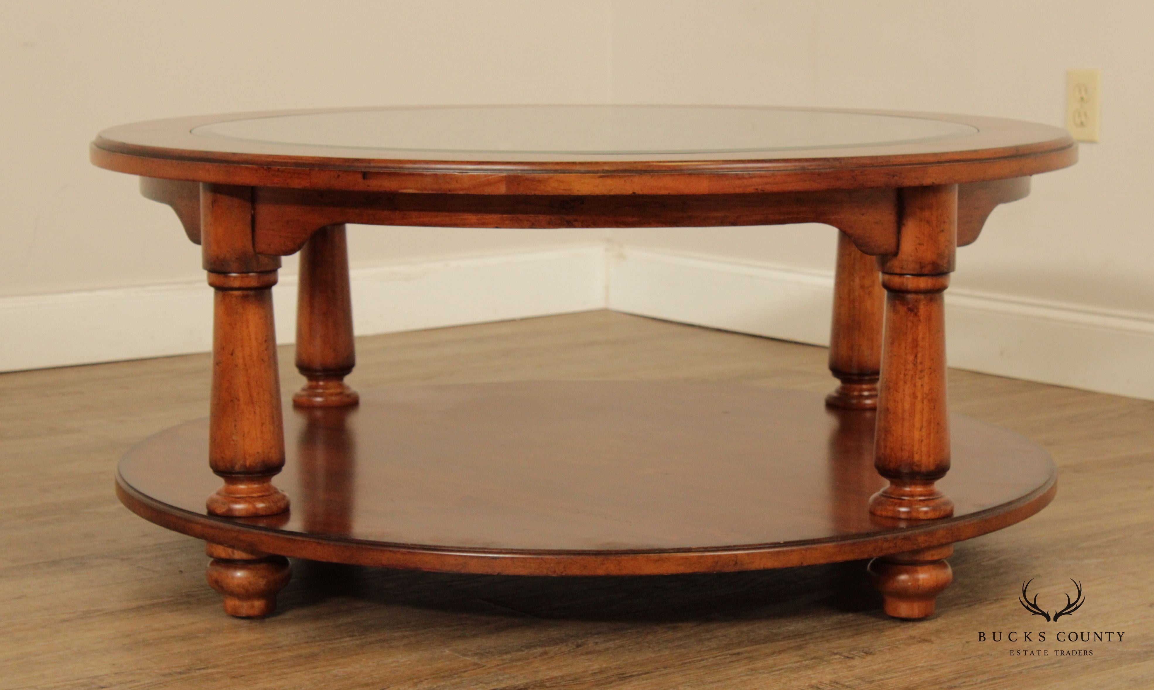 Rustic European Style Wood and Glass Top Iron Scroll Round Cocktail Table