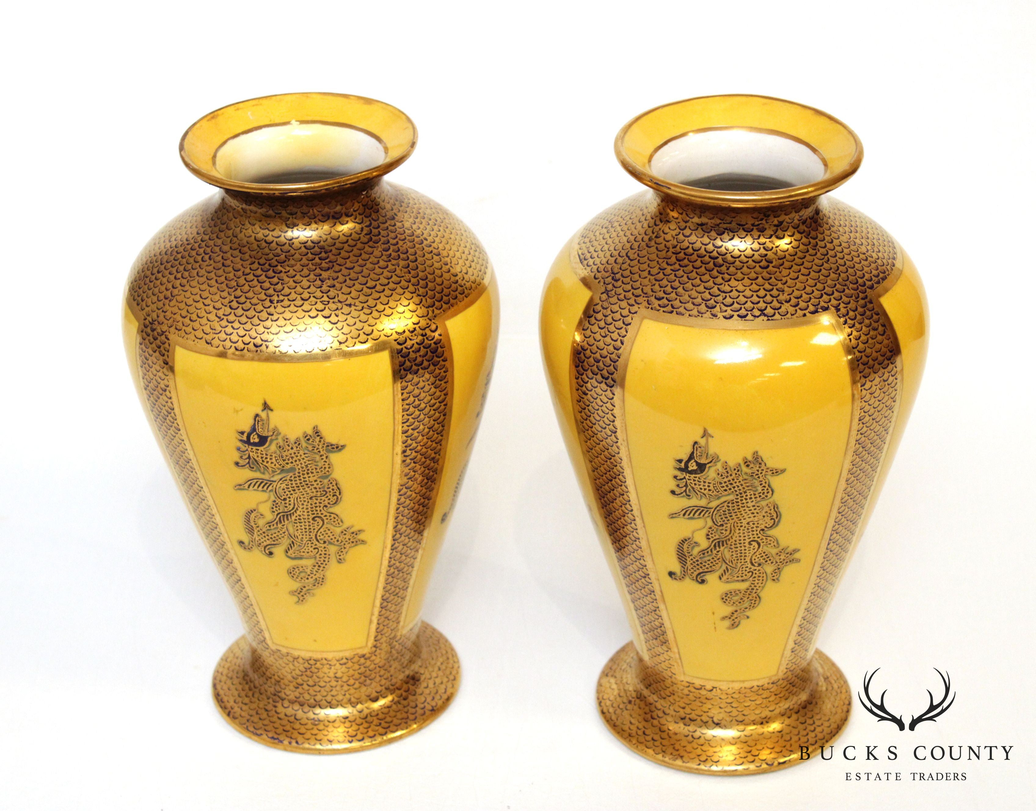 Mason's Yellow & Gold Pair Ironstone China Vases