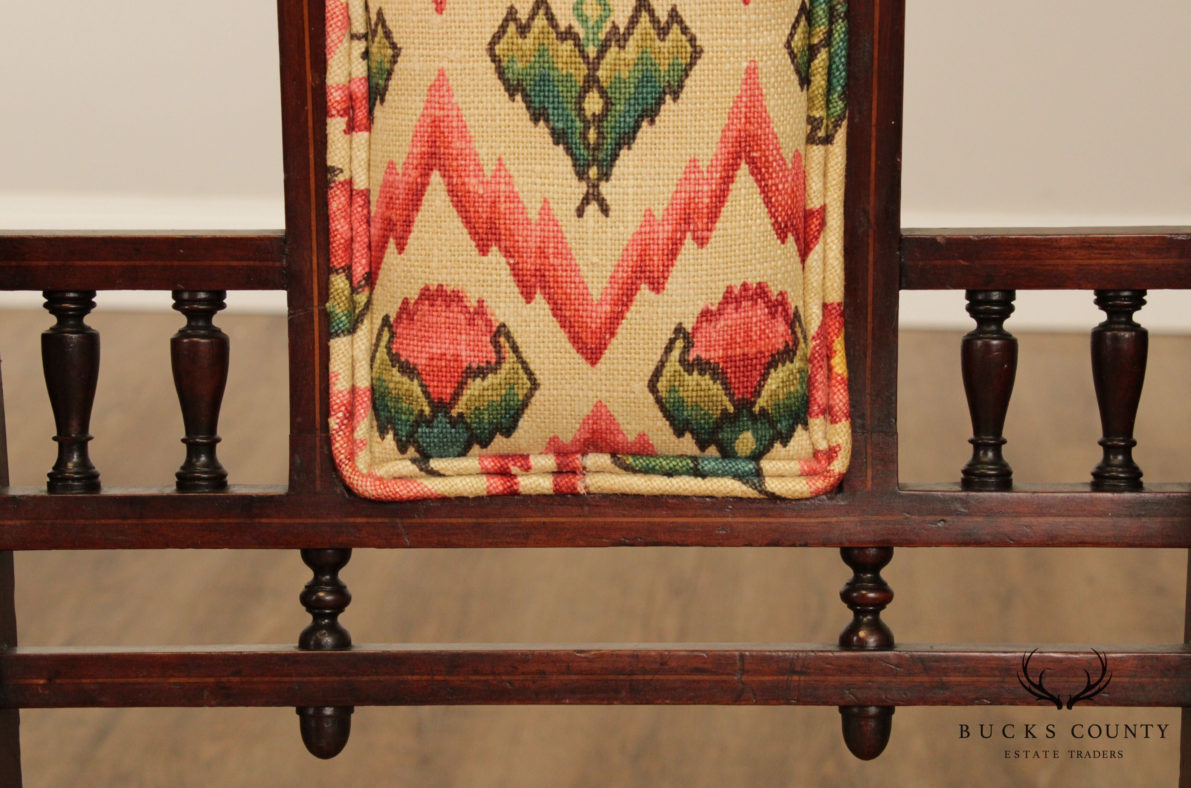 Antique Eglantine Marquetry Inlaid Pair Walnut Armchairs