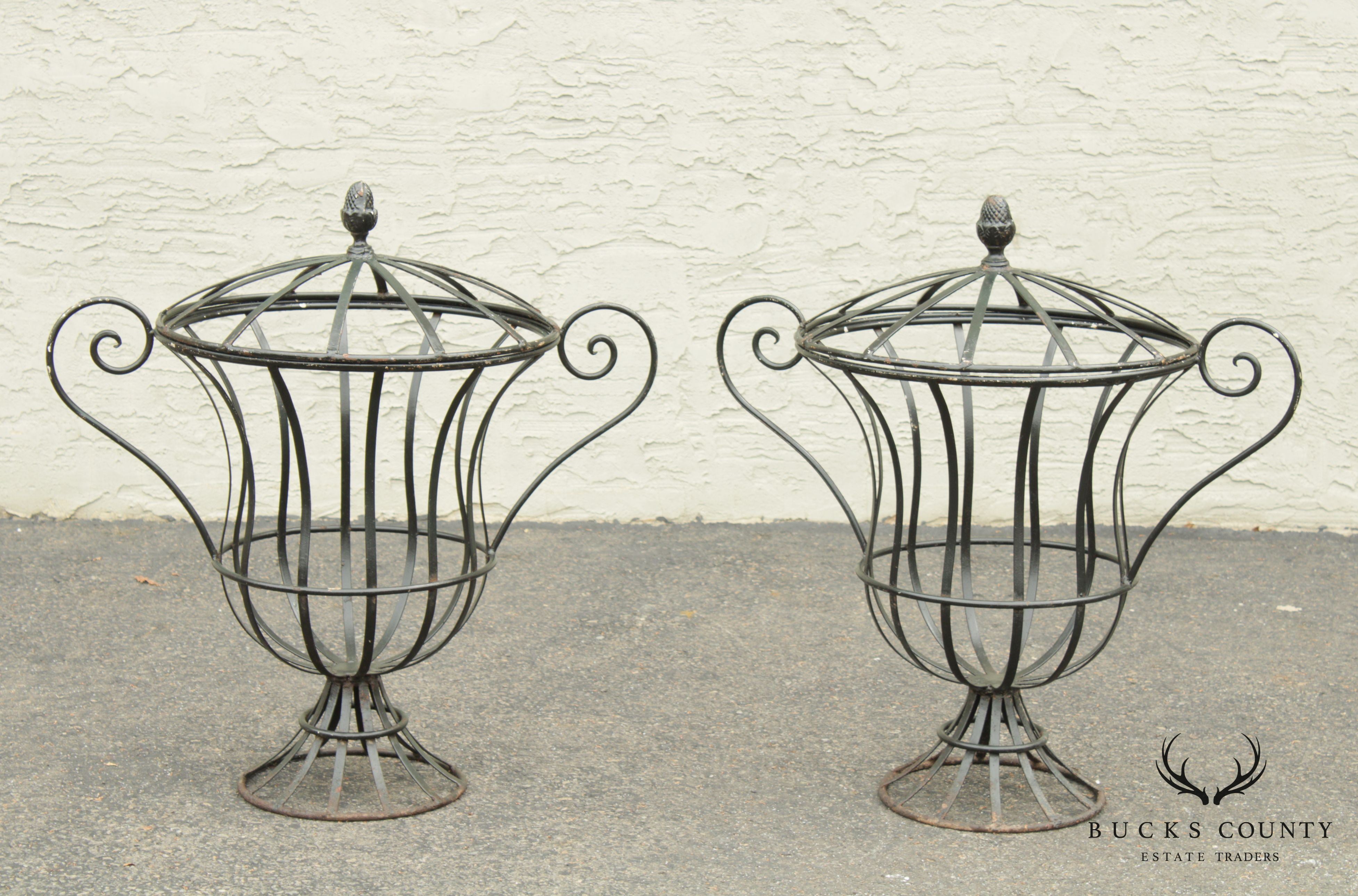 Vintage Pair Wrought Iron Garden Urn Topiary Planters