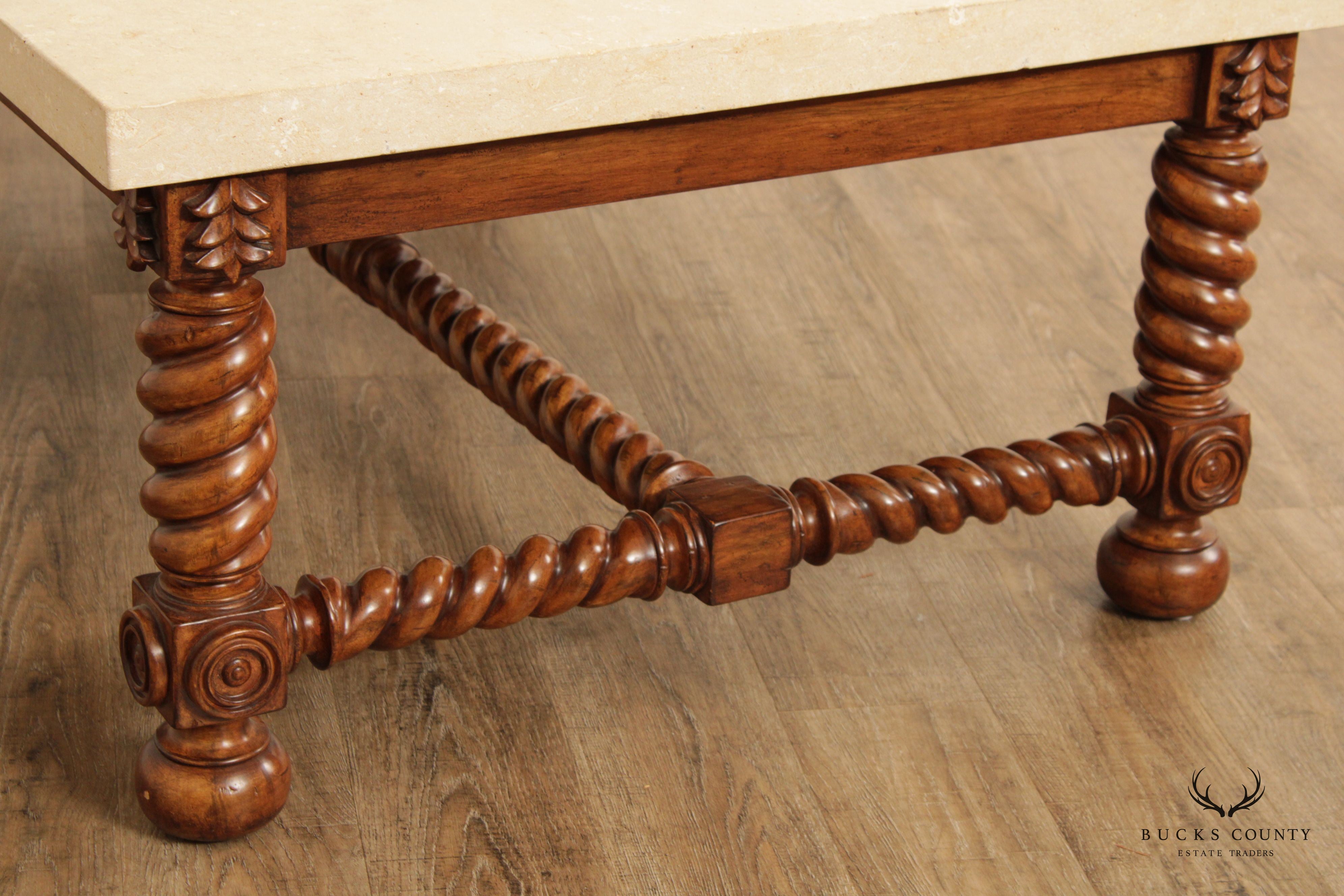 Jacobean Style Barley Twist Travertine Stone Top Coffee Table