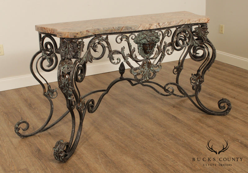 Maitland Smith Louis XIV Style Wrought Iron and Bronze Marble Top Console with Mirror