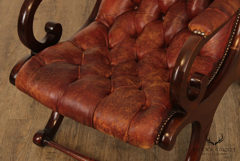 George IV Style Vintage Mahogany, Tufted Leather Campaign Library Chair with Ottoman