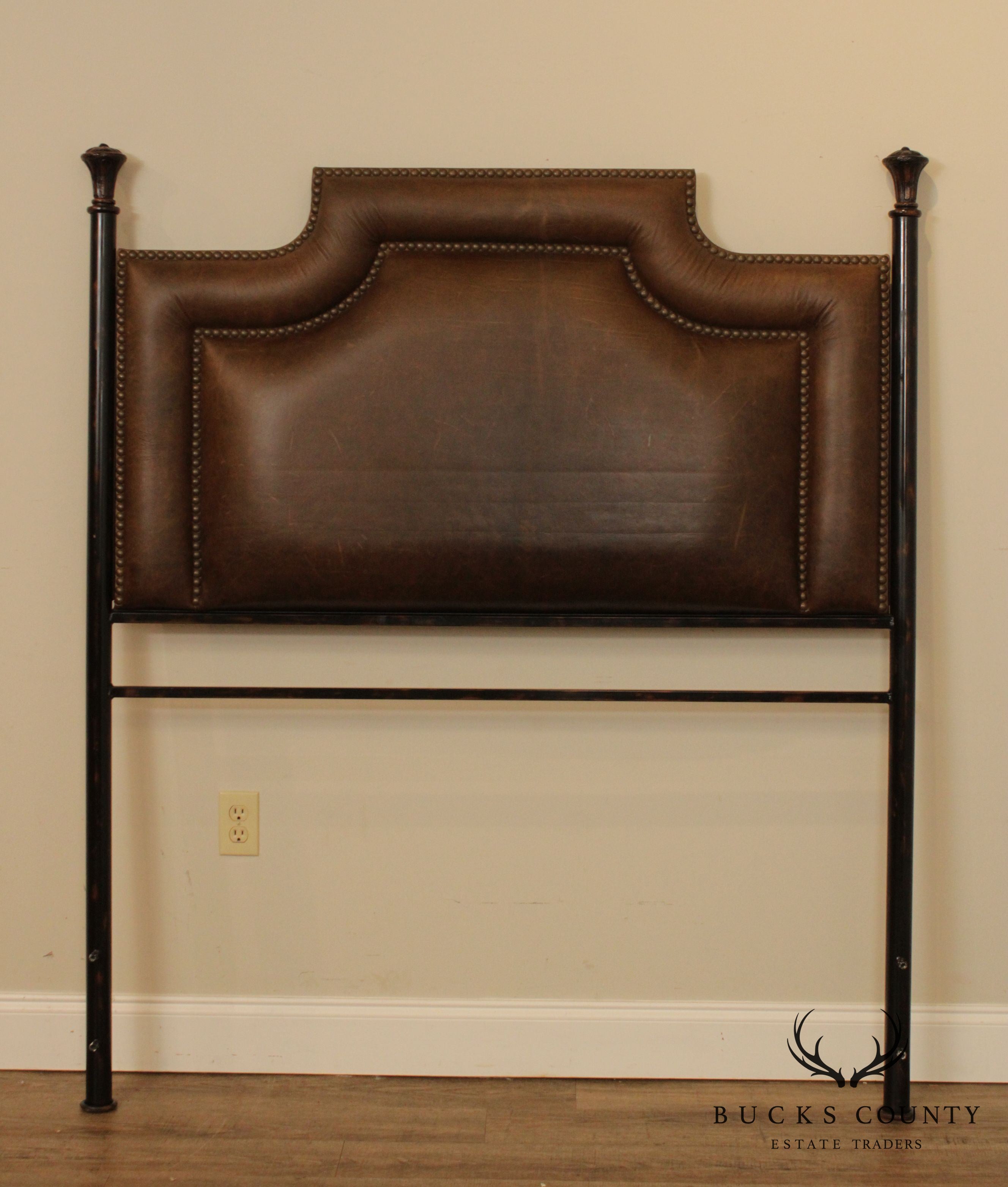 Quality Wrought Iron & Brown Leather Full Size Headboard