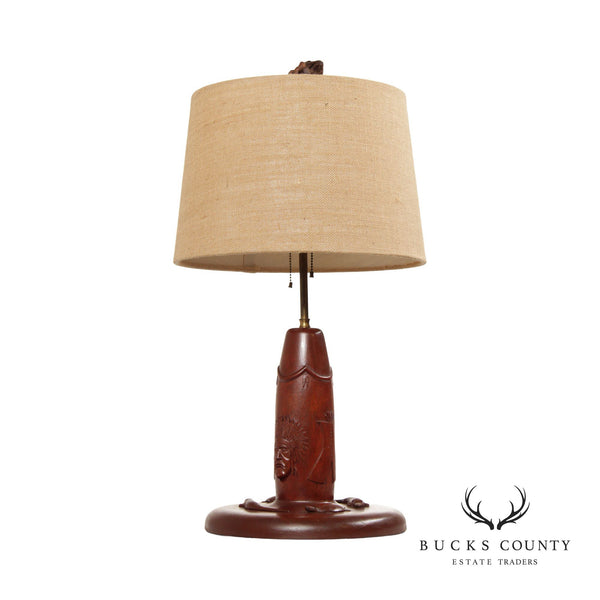 Carved Mahogany Native American Motif Table Lamp