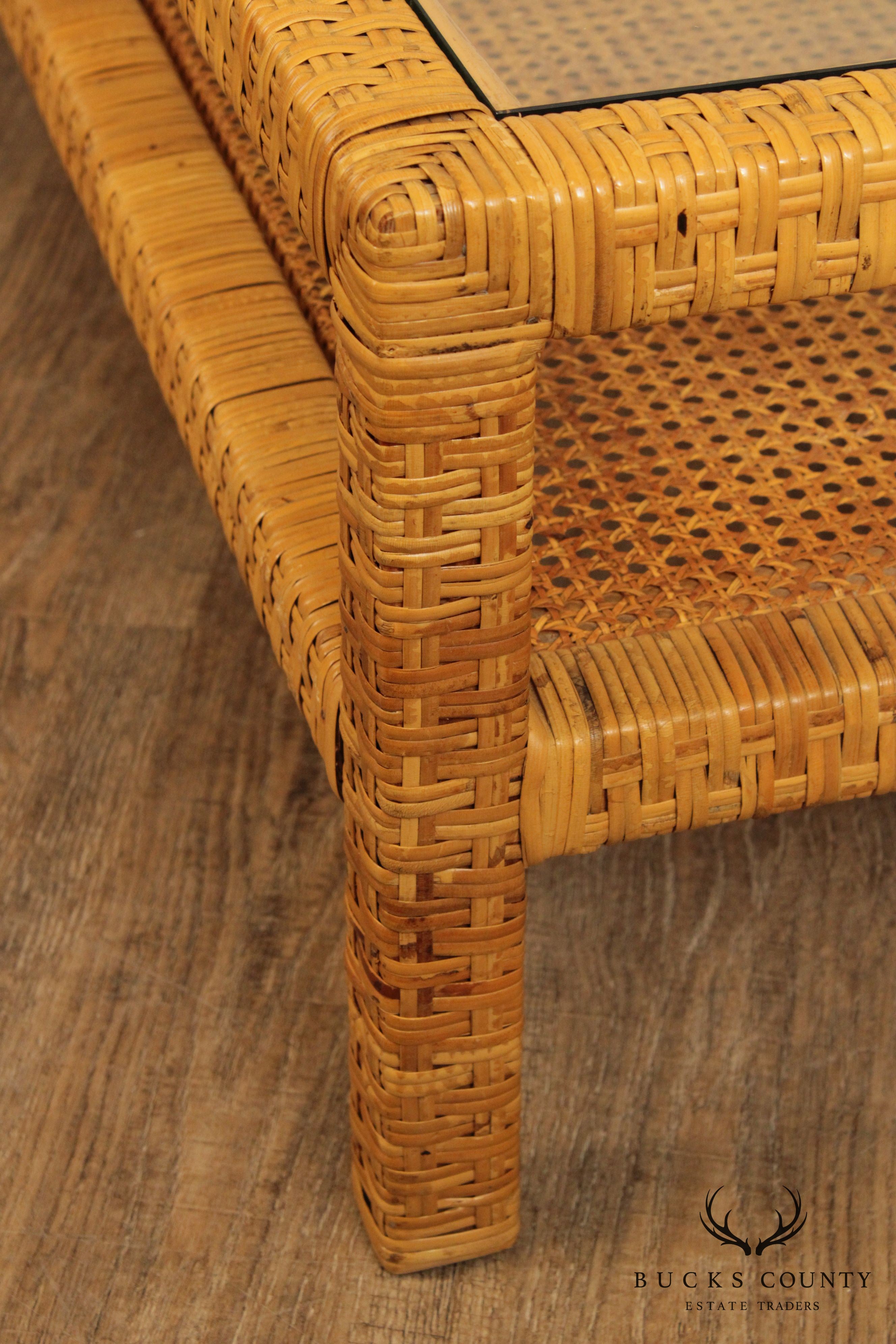 Vintage Wicker Rattan Glass Top Coffee Table