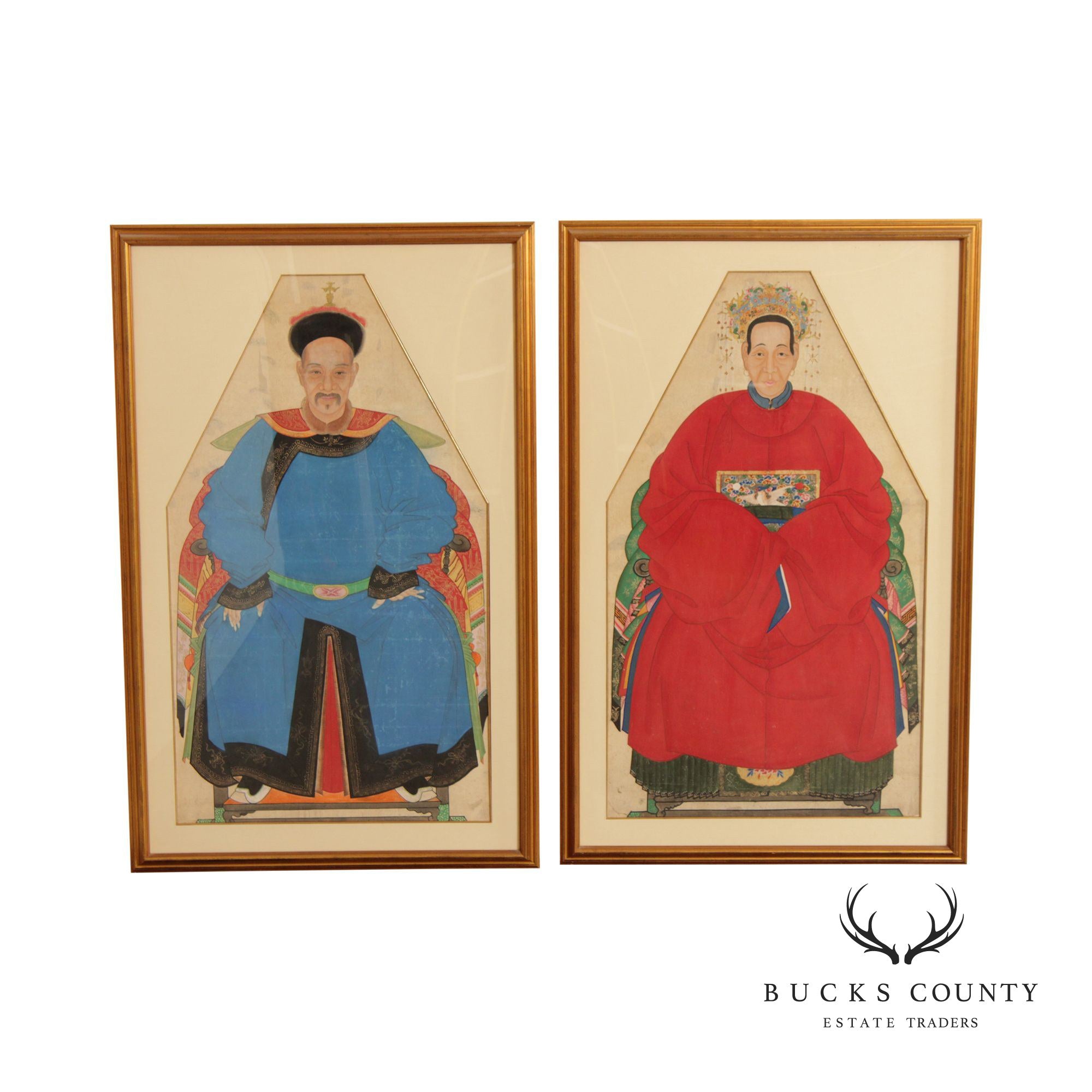 Antique Chineses Pair Ancestral Watercolor Portraits