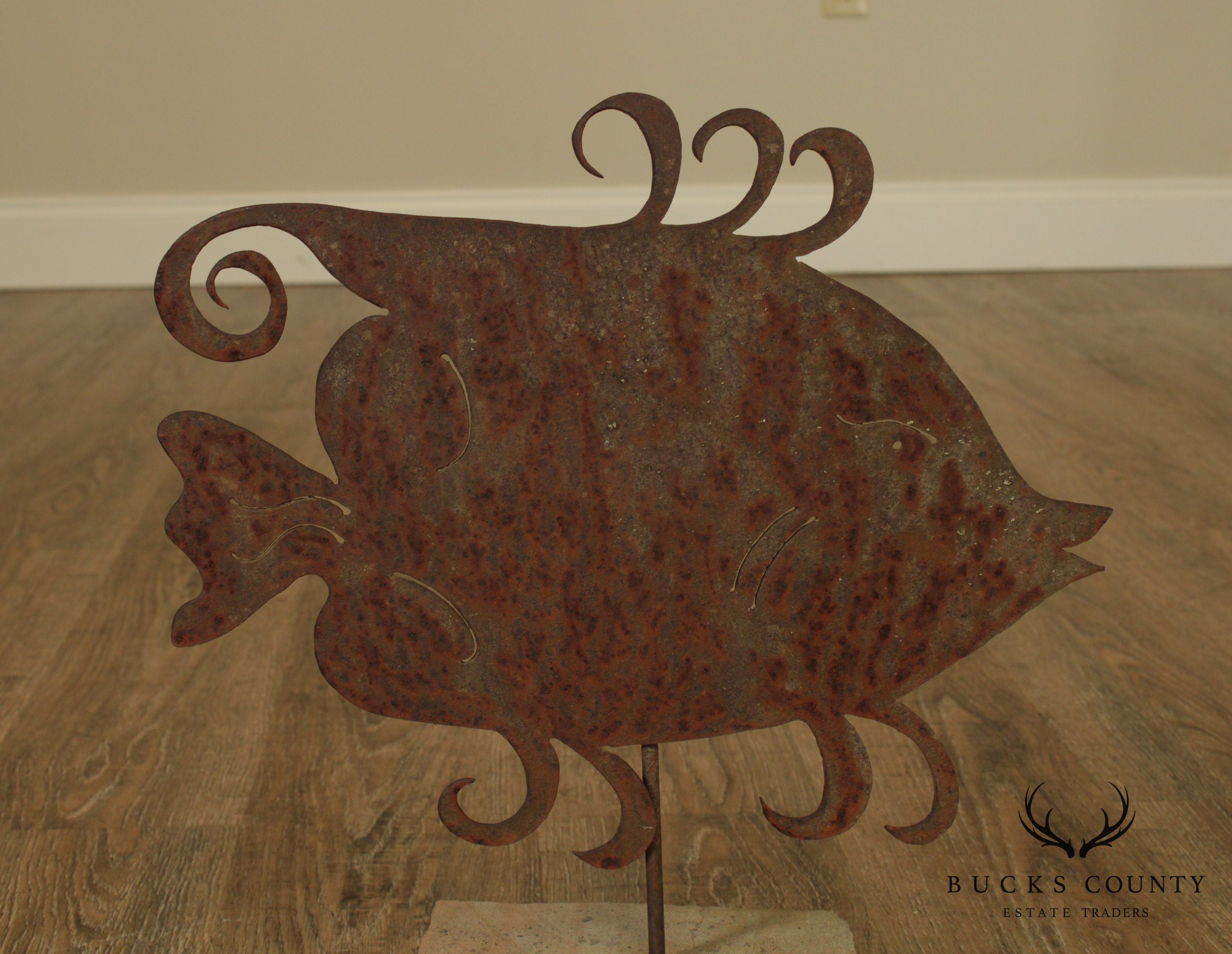 Mid Century Steel Garden Sculpture of Fish on Stone Base