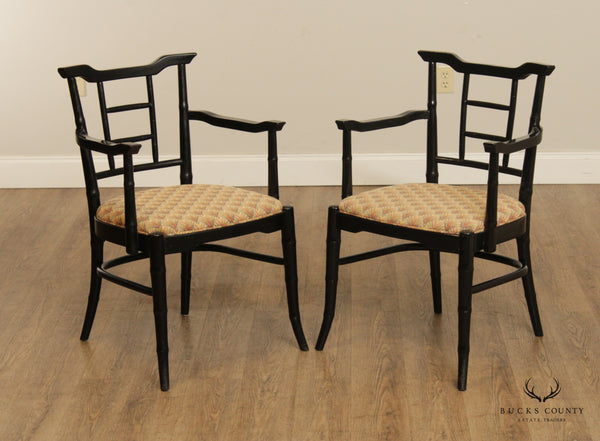 Mid Century Asian Style Faux Bamboo Pair of Lacquered Arm Chairs