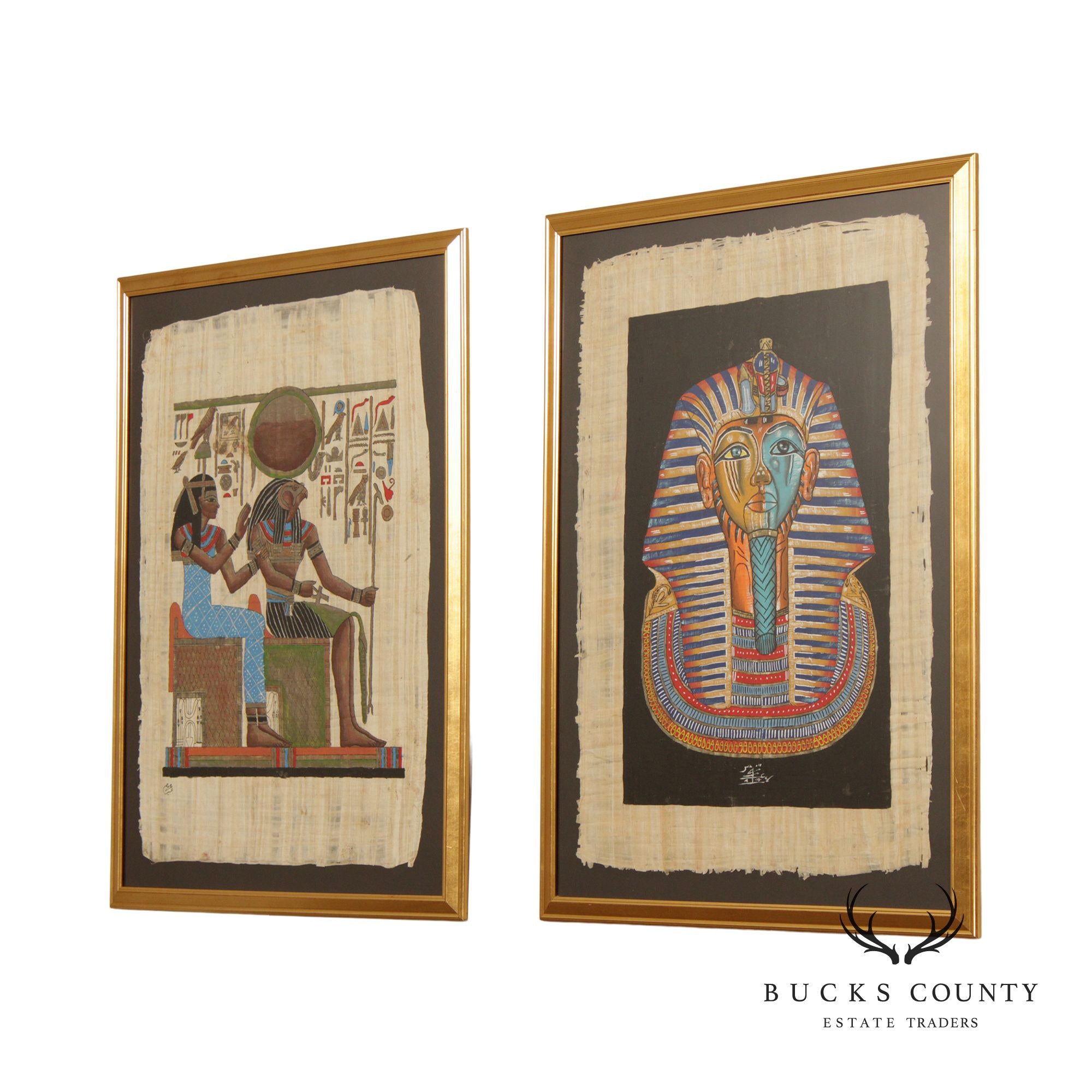 Vintage Pair Egyptian Paintings on Papyrus, Custom Framed