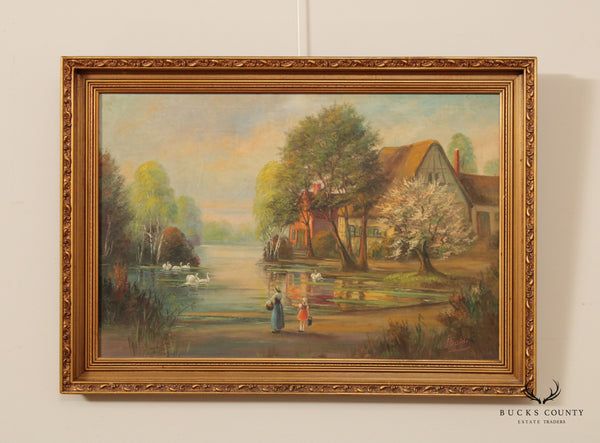 Vintage 20th C. Cottage on Lake Scene Oil Painting, Signed 'Ibaldi'