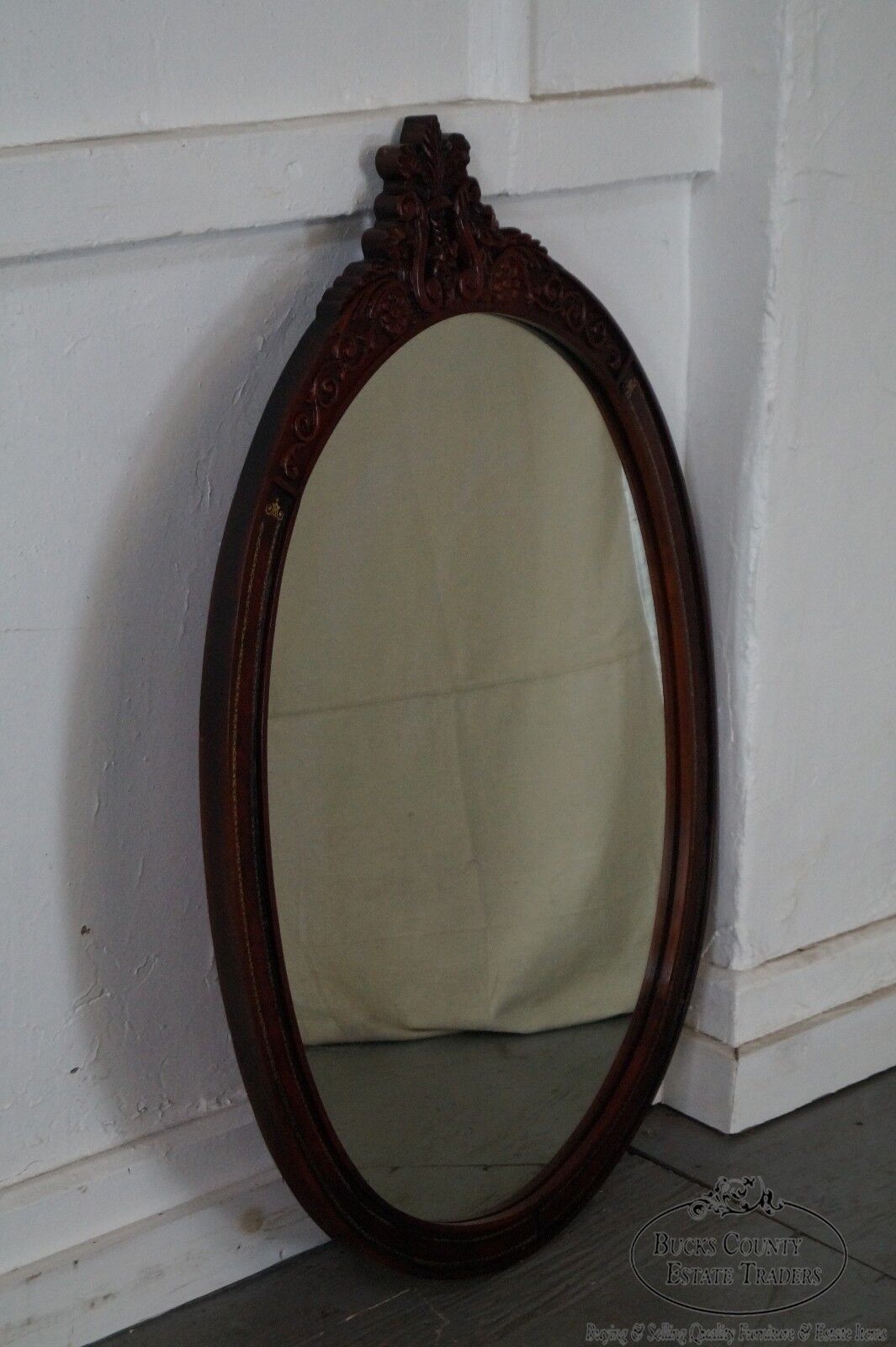 Carved Mahogany & Tooled Leather Oval Wall Mirror circa 1950s