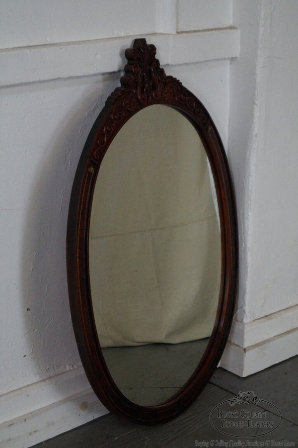 Carved Mahogany & Tooled Leather Oval Wall Mirror circa 1950s