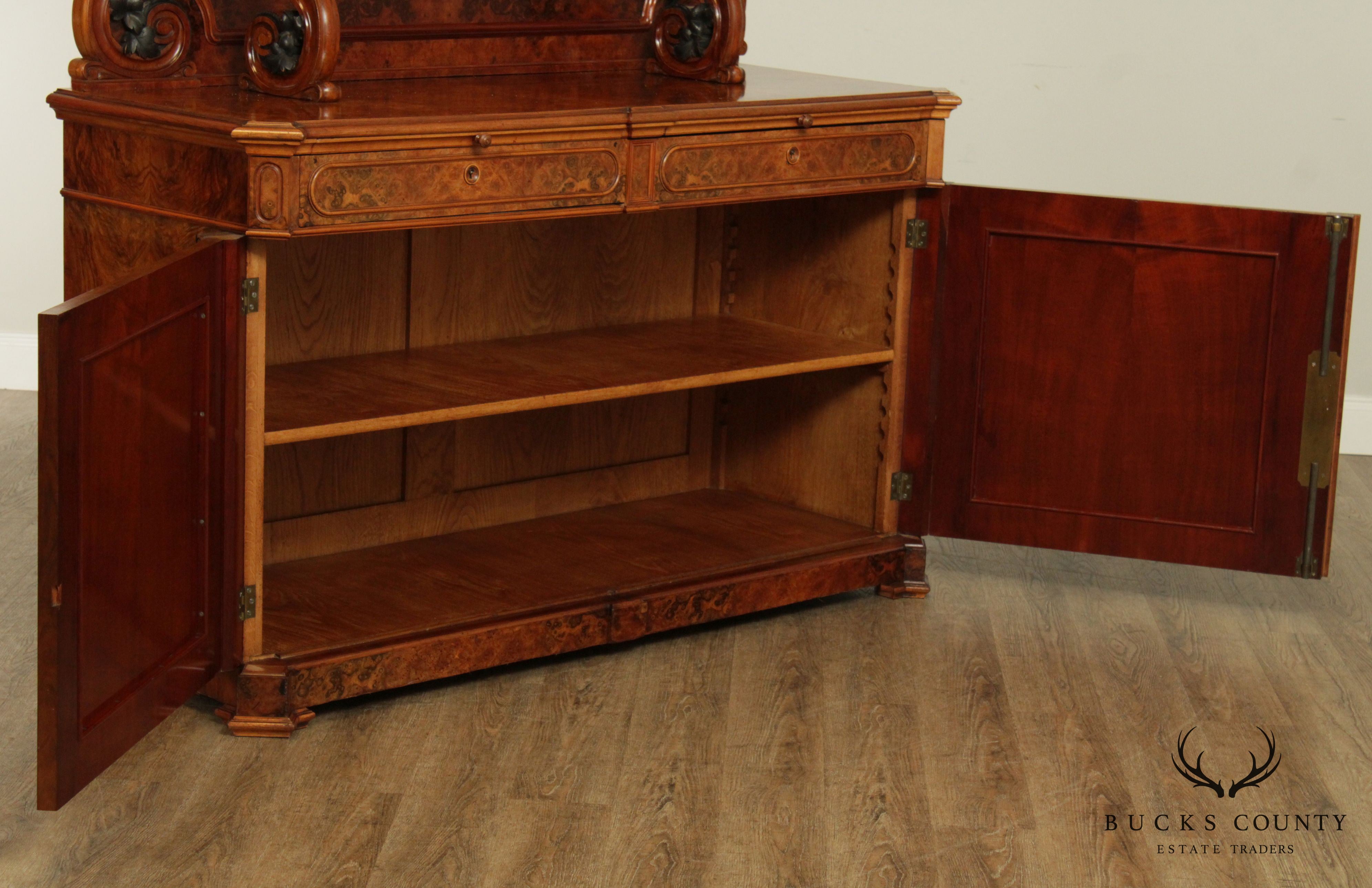 Renaissance Revival Antique Burlwood Grape Carved Sideboard