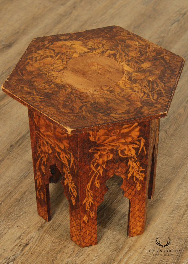 Antique Rustic European Style Floral Pyrography Side Table