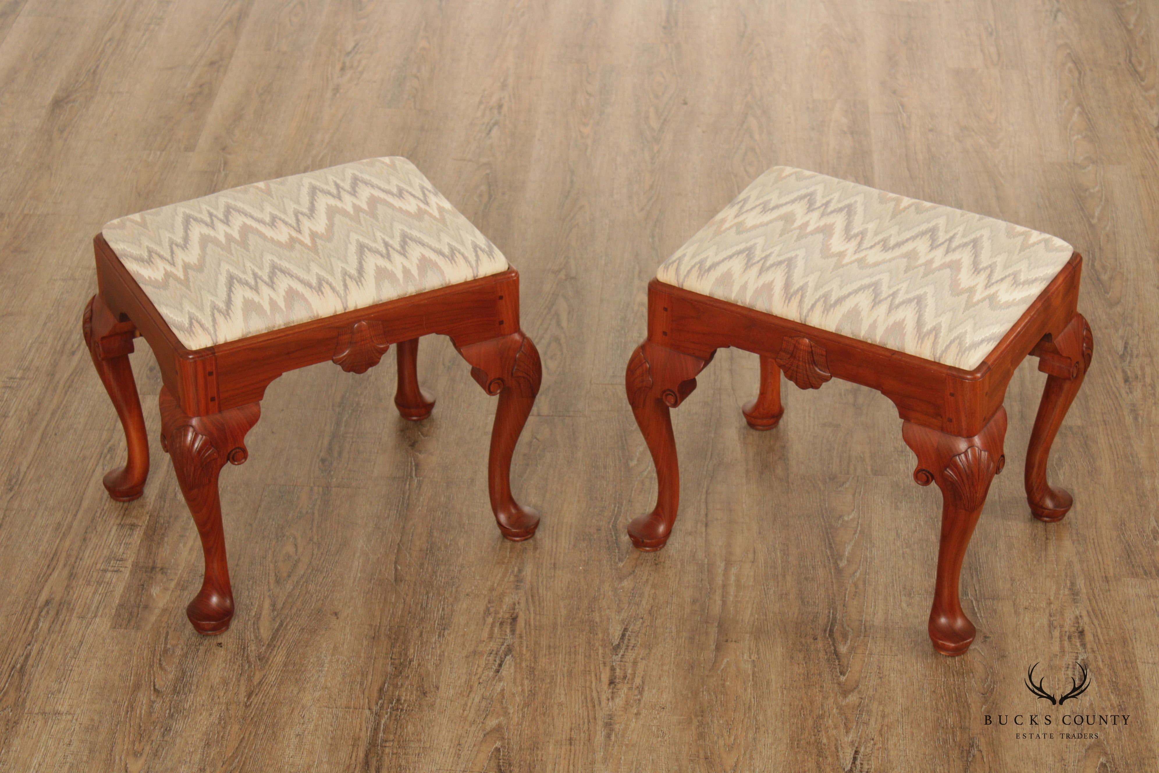 custom Crafted Queen Anne Style Pair of Carved Walnut Stools