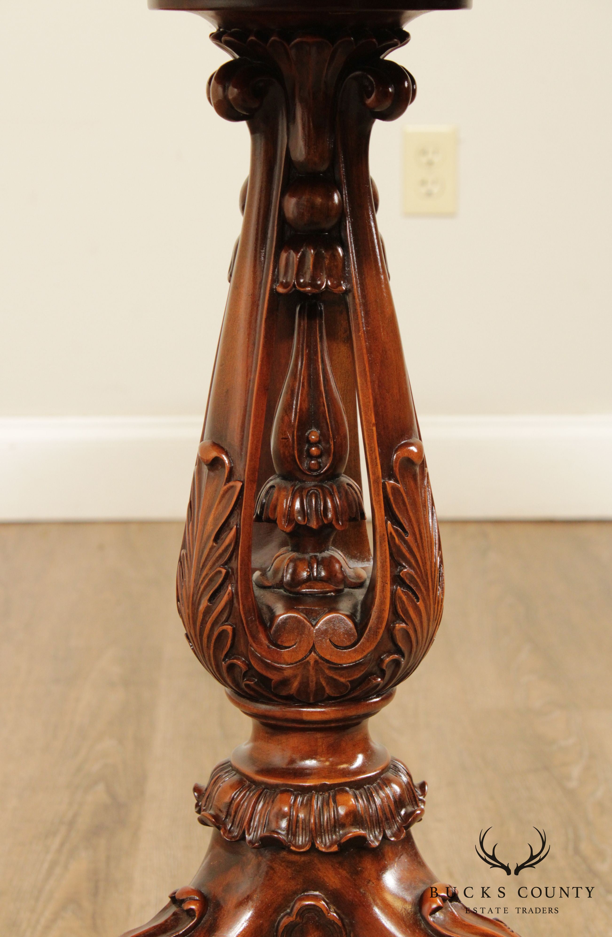 Maitland Smith Georgian Style Carved Mahogany, Round Inlaid Top Side Table