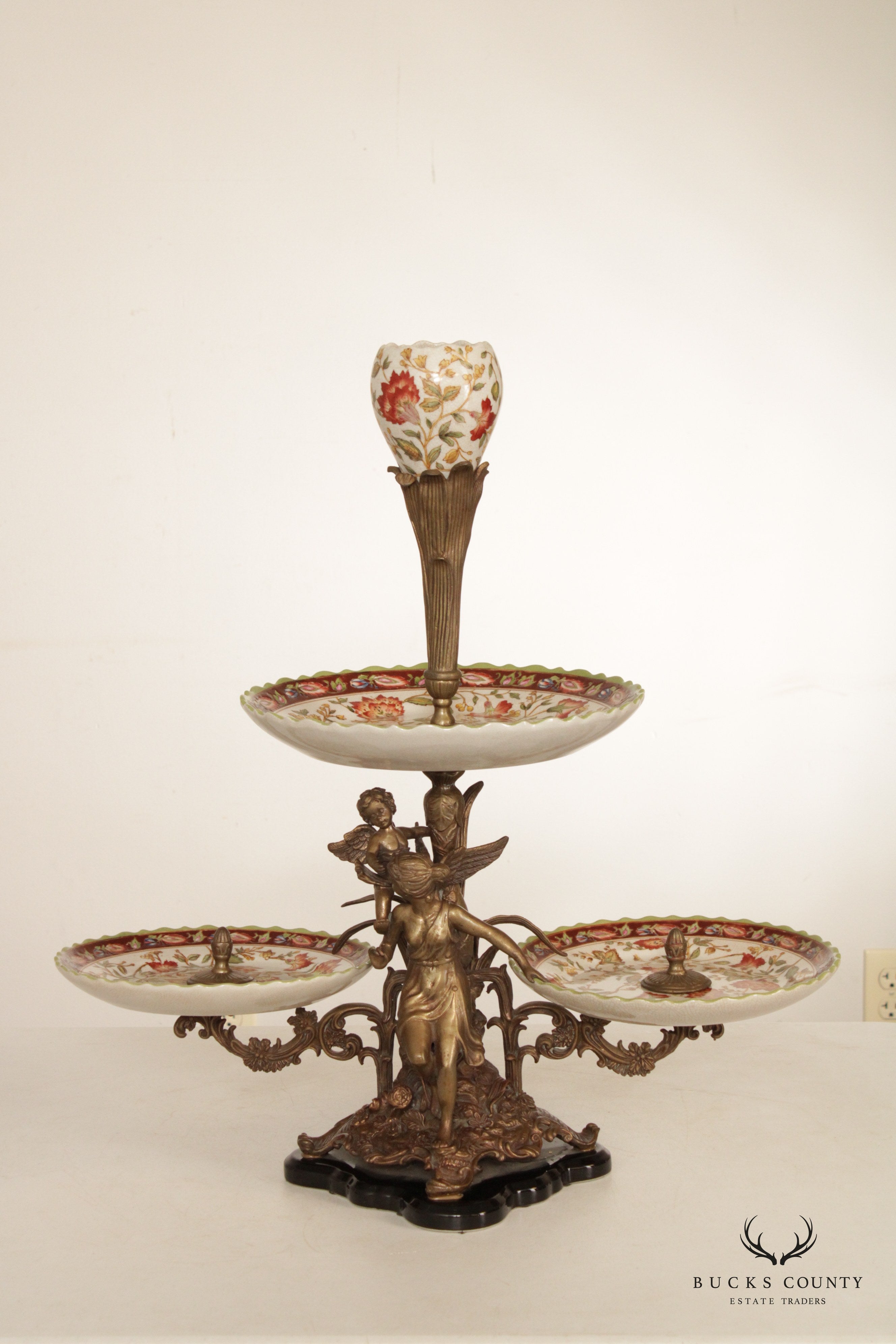 Castilian Imports Rococo Style Porcelain and Brass Tiered Centerpiece